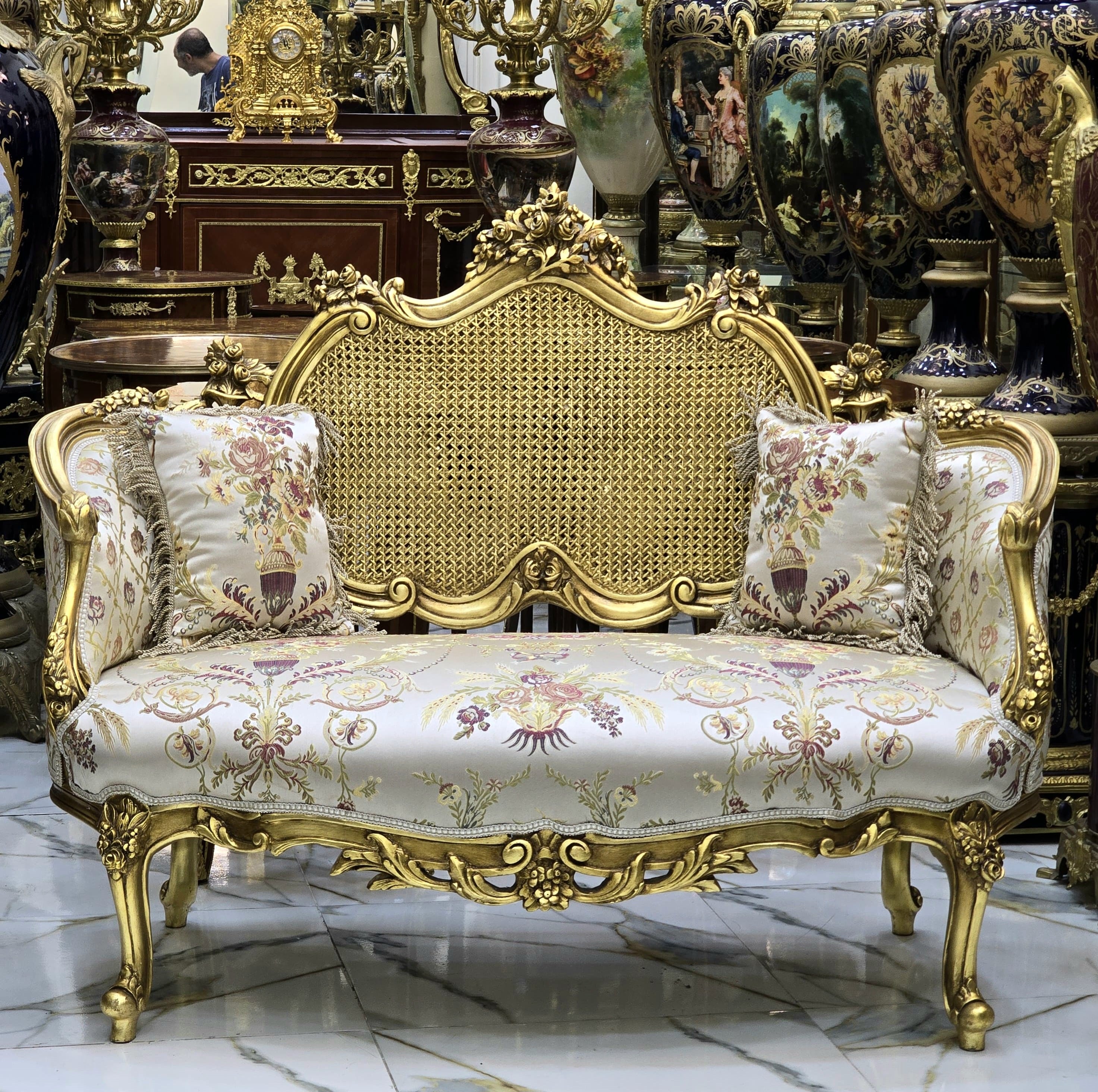 French Style Gold Leaf Settee Sofa – Beige & White Upholstery with Fully Gold Leaf Backrest