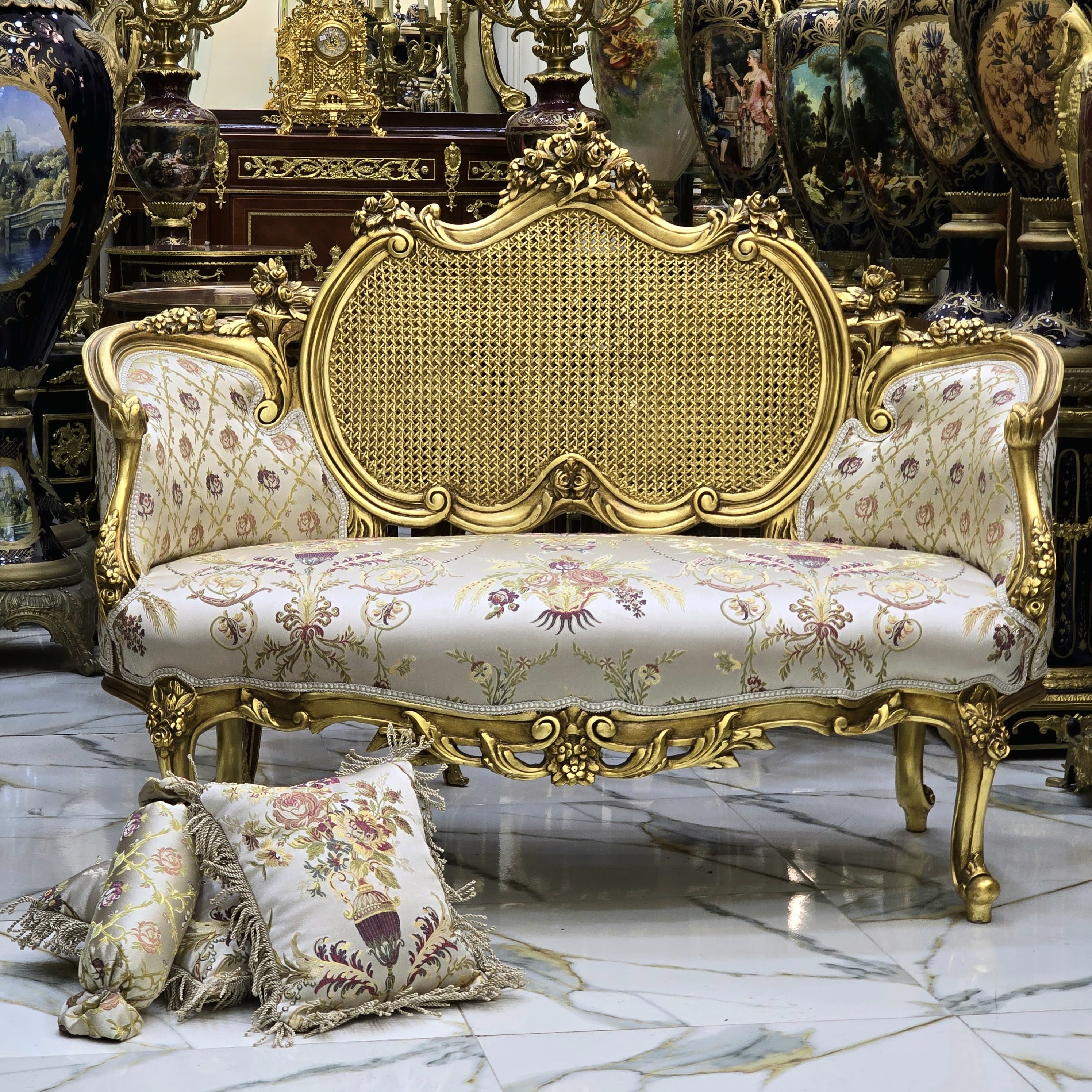 French Style Gold Leaf Settee Sofa – Beige & White Upholstery with Fully Gold Leaf Backrest