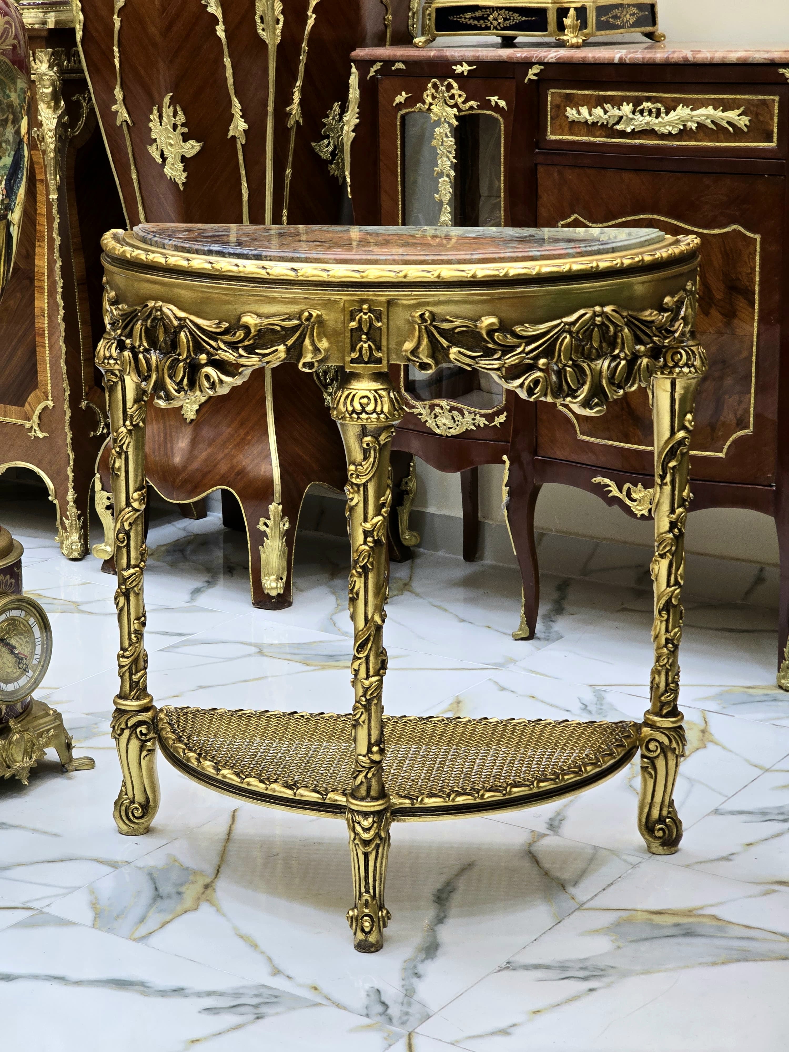 French Style Console Table – Marble Top, Gold Leaf Details, 35"H x 16"W x 31"L