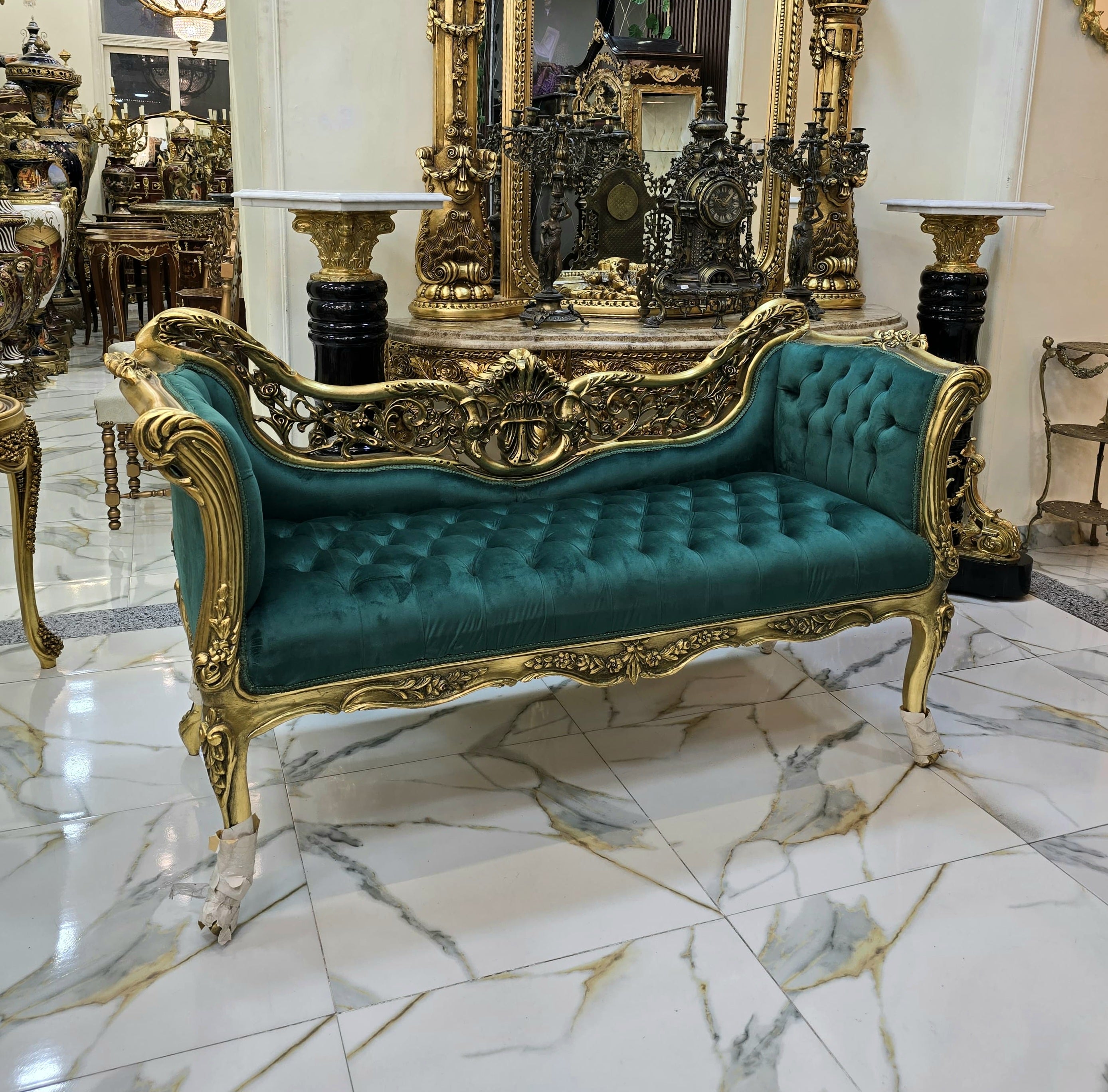 Vintage French Baroque Style Settee – Green Velvet Tufted Sofa with Gold Leaf Frame
