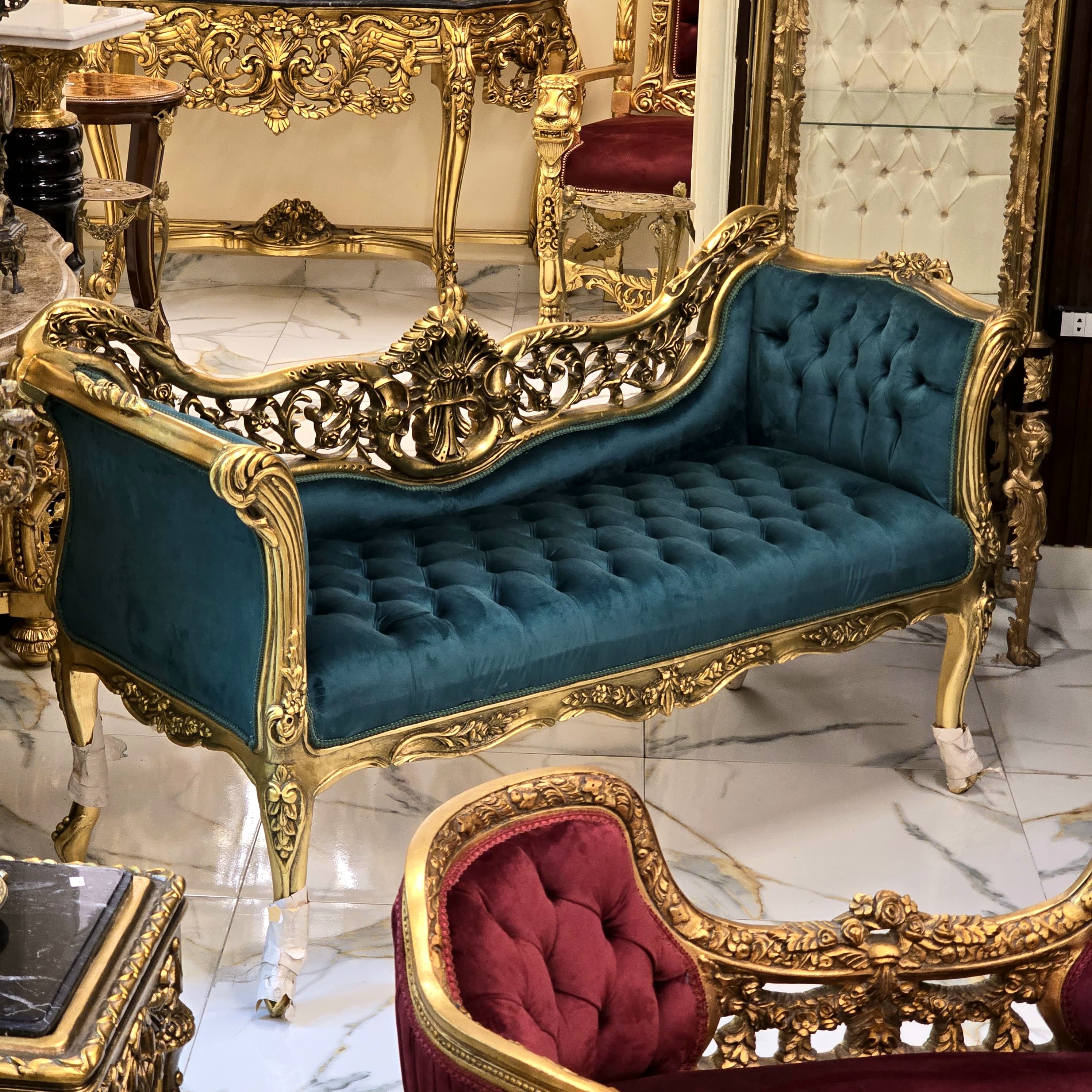 Vintage French Baroque Style Settee – Green Velvet Tufted Sofa with Gold Leaf Frame