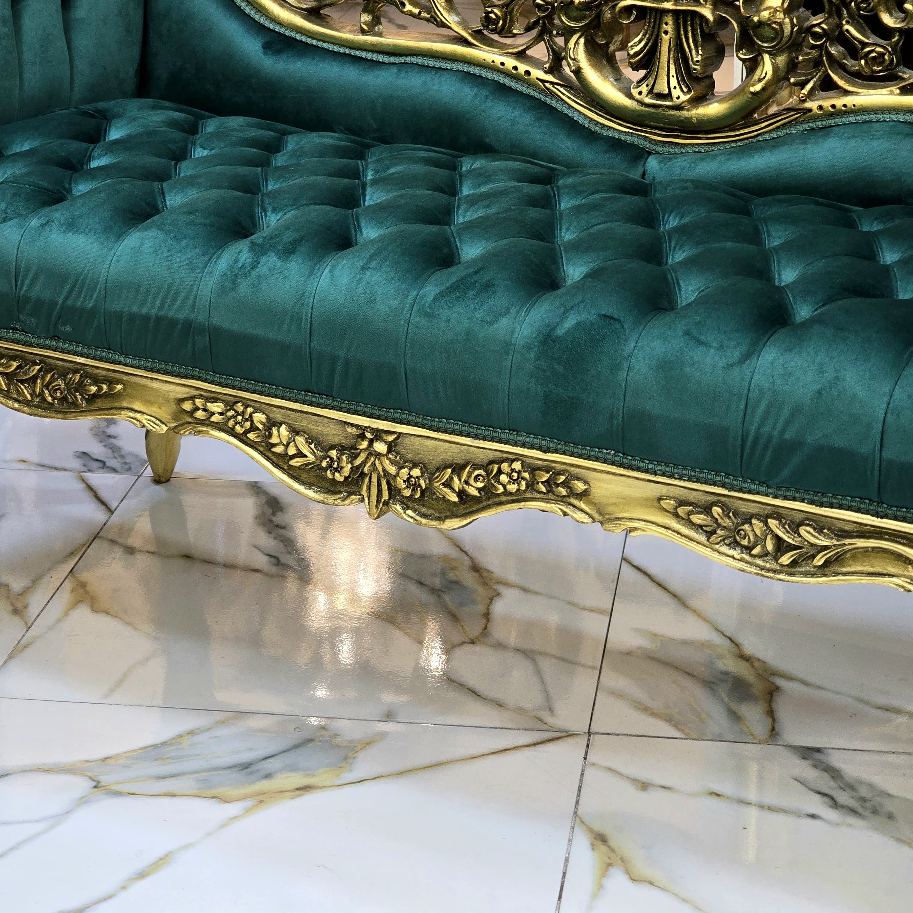 Vintage French Baroque Style Settee – Green Velvet Tufted Sofa with Gold Leaf Frame