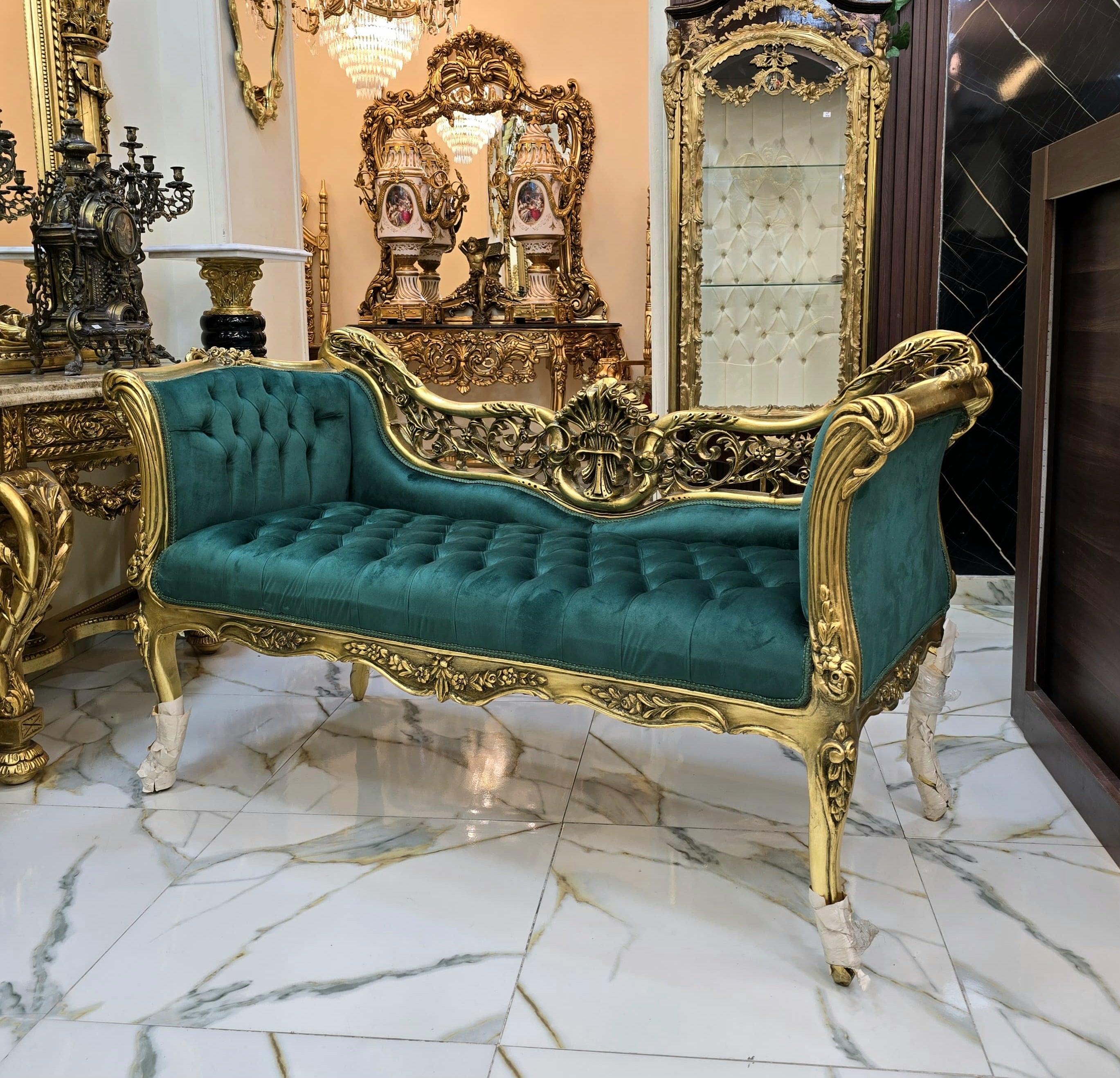 Vintage French Baroque Style Settee – Green Velvet Tufted Sofa with Gold Leaf Frame