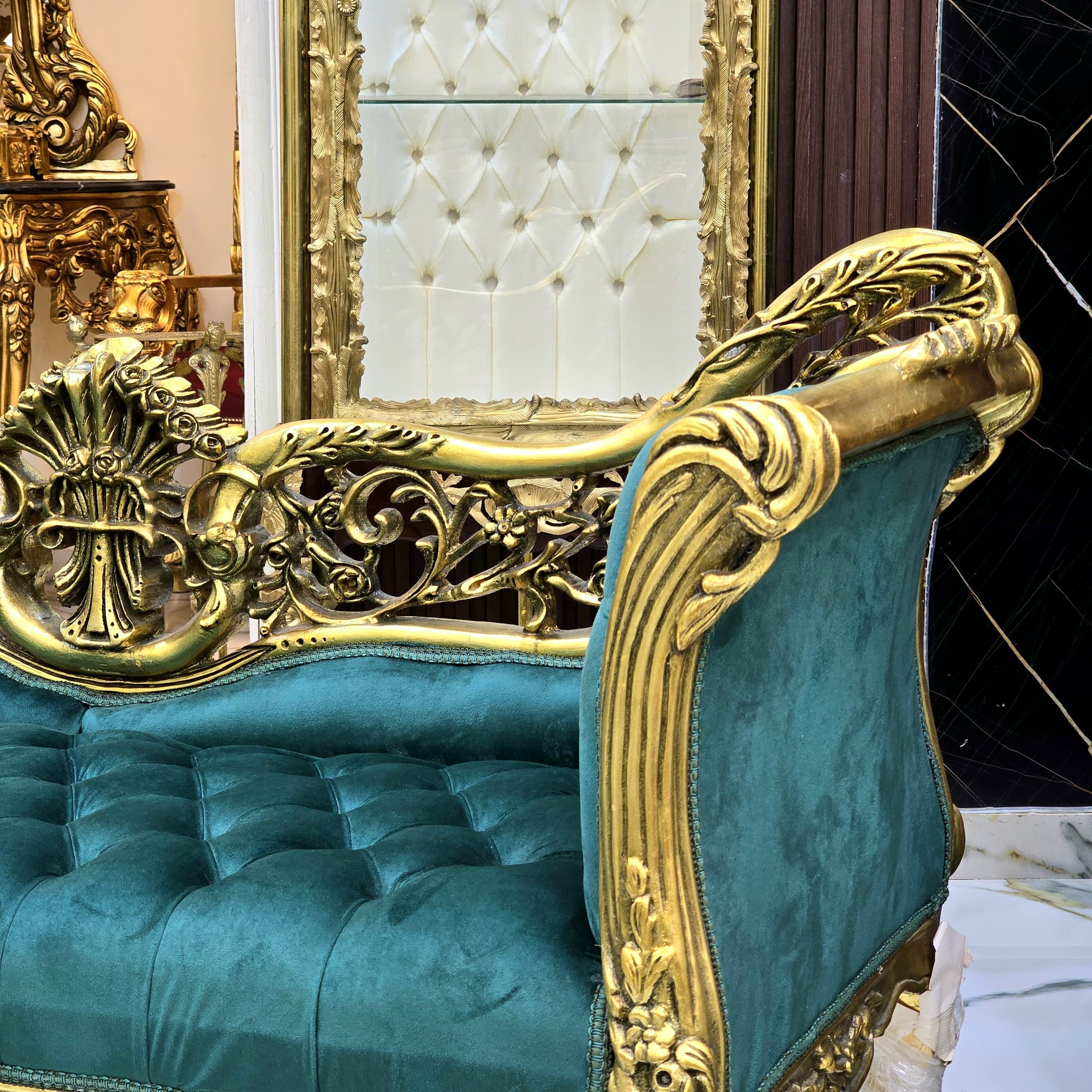 Vintage French Baroque Style Settee – Green Velvet Tufted Sofa with Gold Leaf Frame