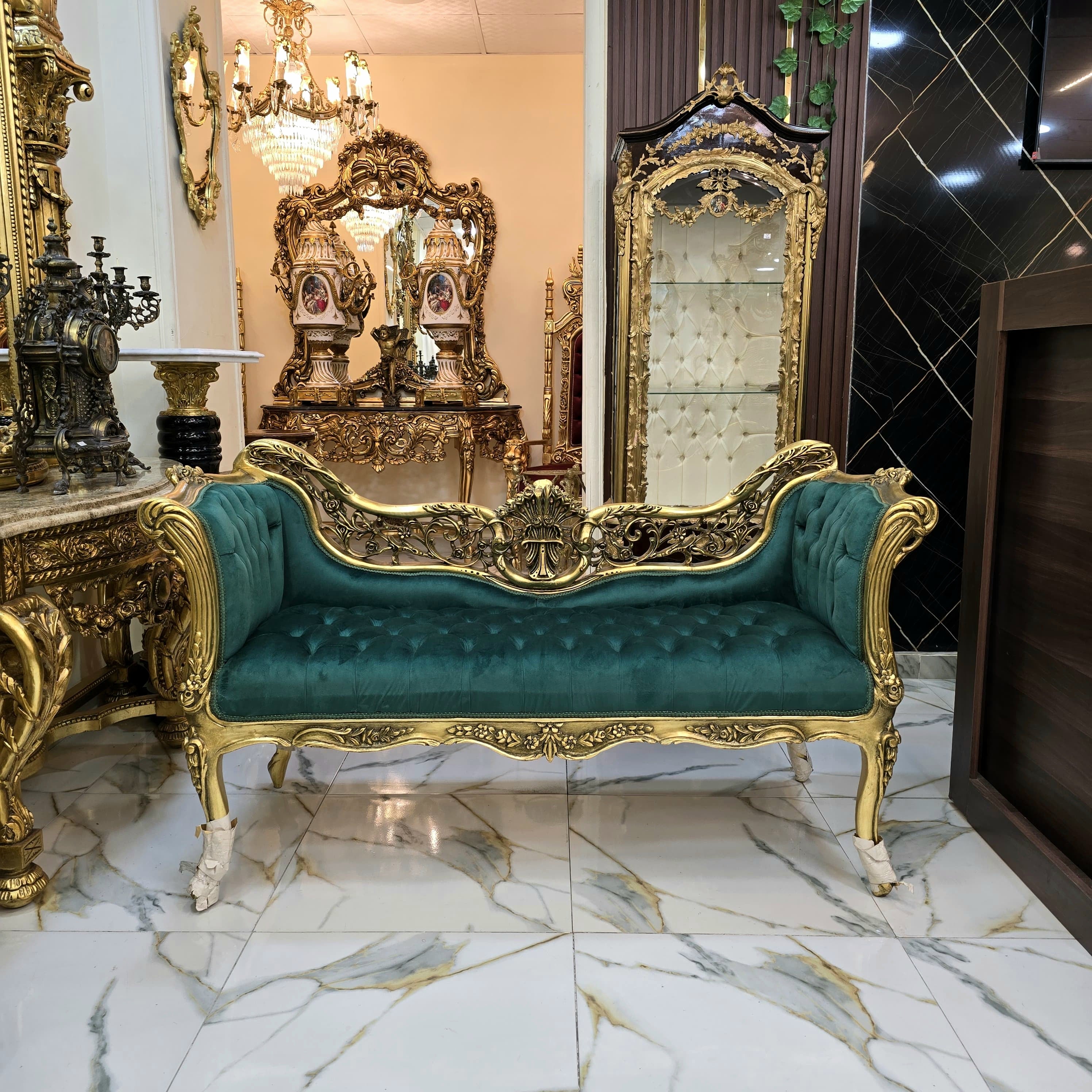 Vintage French Baroque Style Settee – Green Velvet Tufted Sofa with Gold Leaf Frame