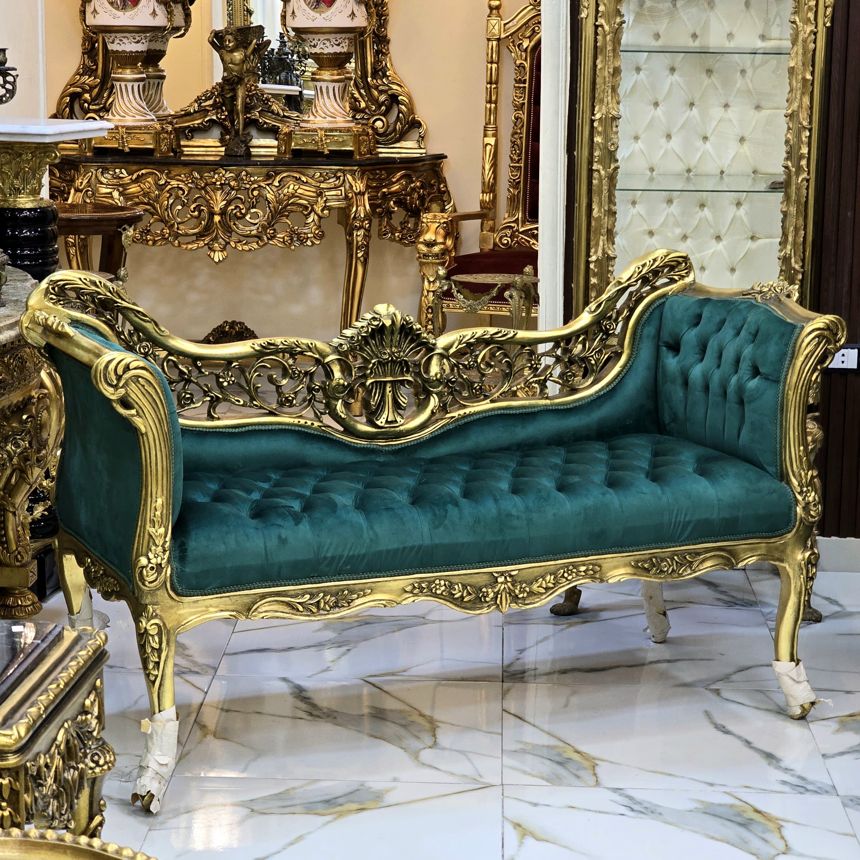 Vintage French Baroque Style Settee – Green Velvet Tufted Sofa with Gold Leaf Frame