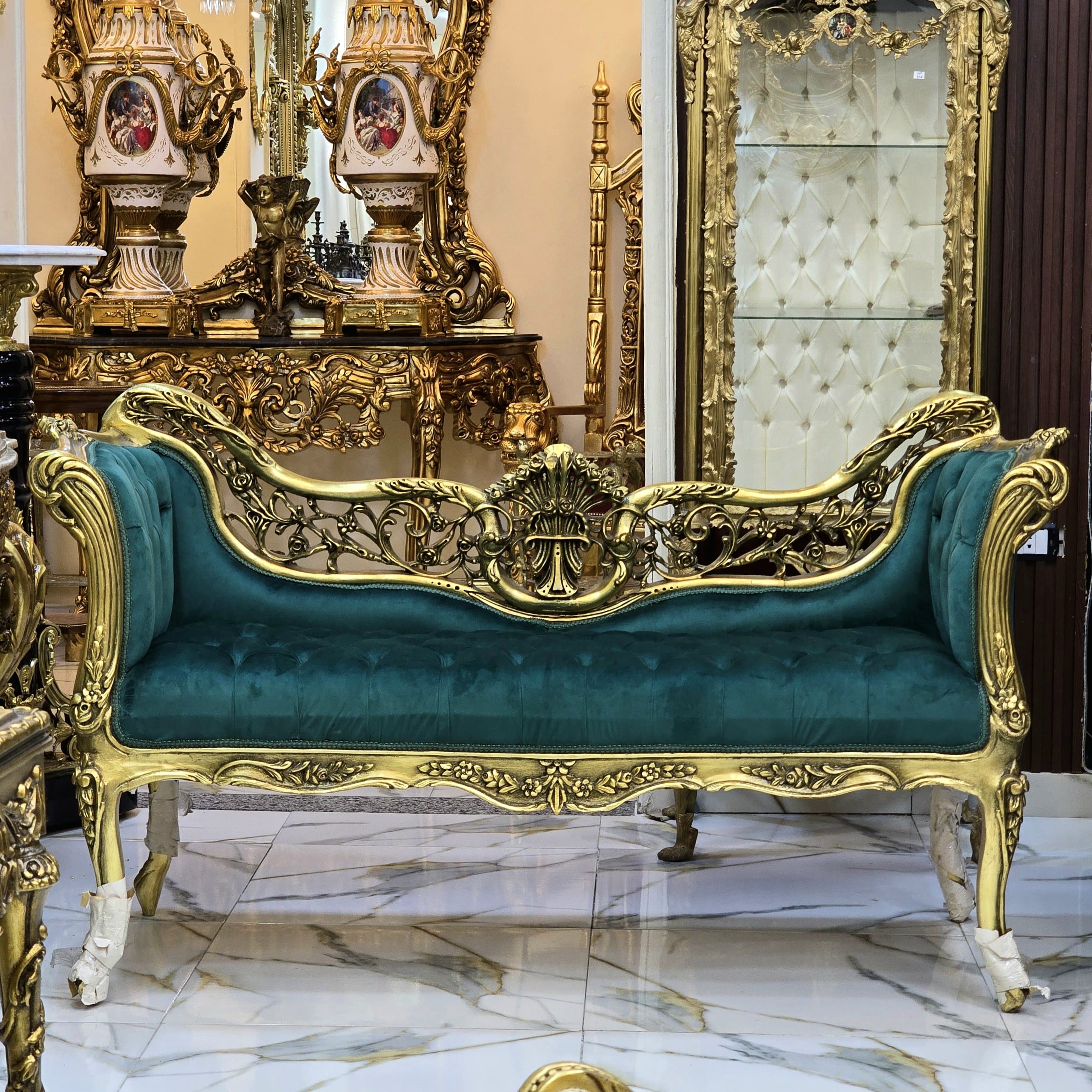 Vintage French Baroque Style Settee – Green Velvet Tufted Sofa with Gold Leaf Frame