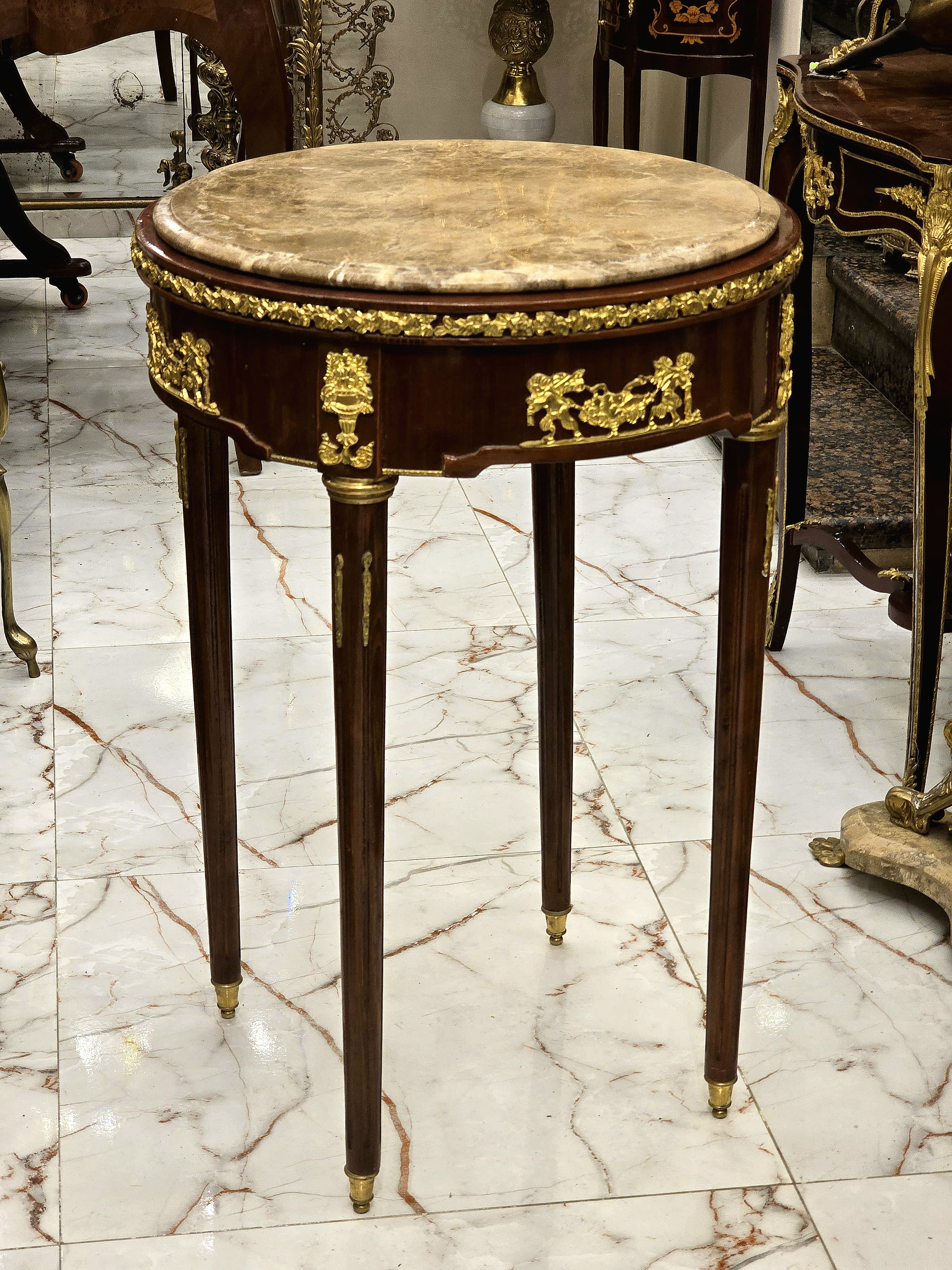 Baroque Style Side Table – Gold Accents with Marble Top, Elegant French Design (19” W x 19” D)