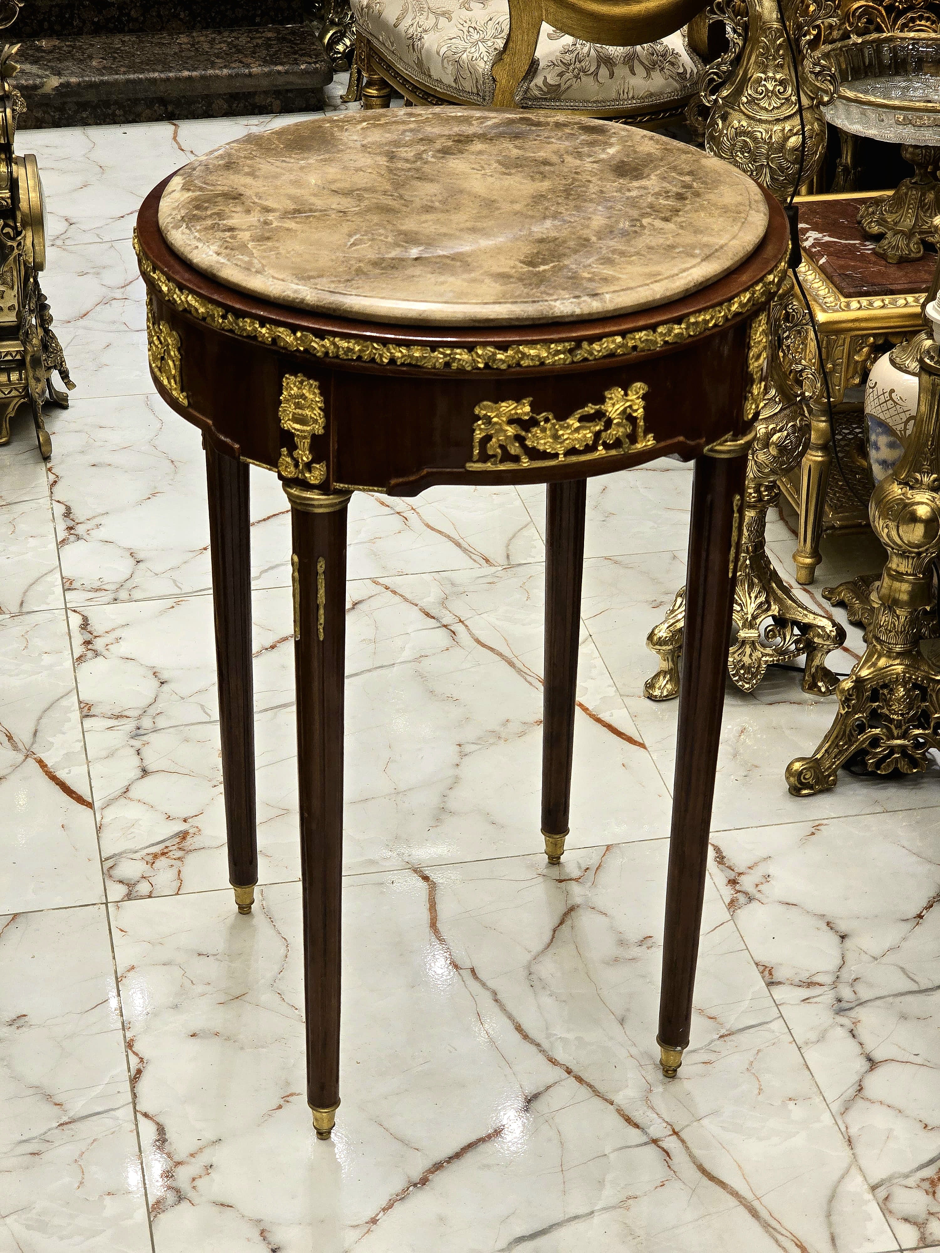 Baroque Style Side Table – Gold Accents with Marble Top, Elegant French Design (19” W x 19” D)