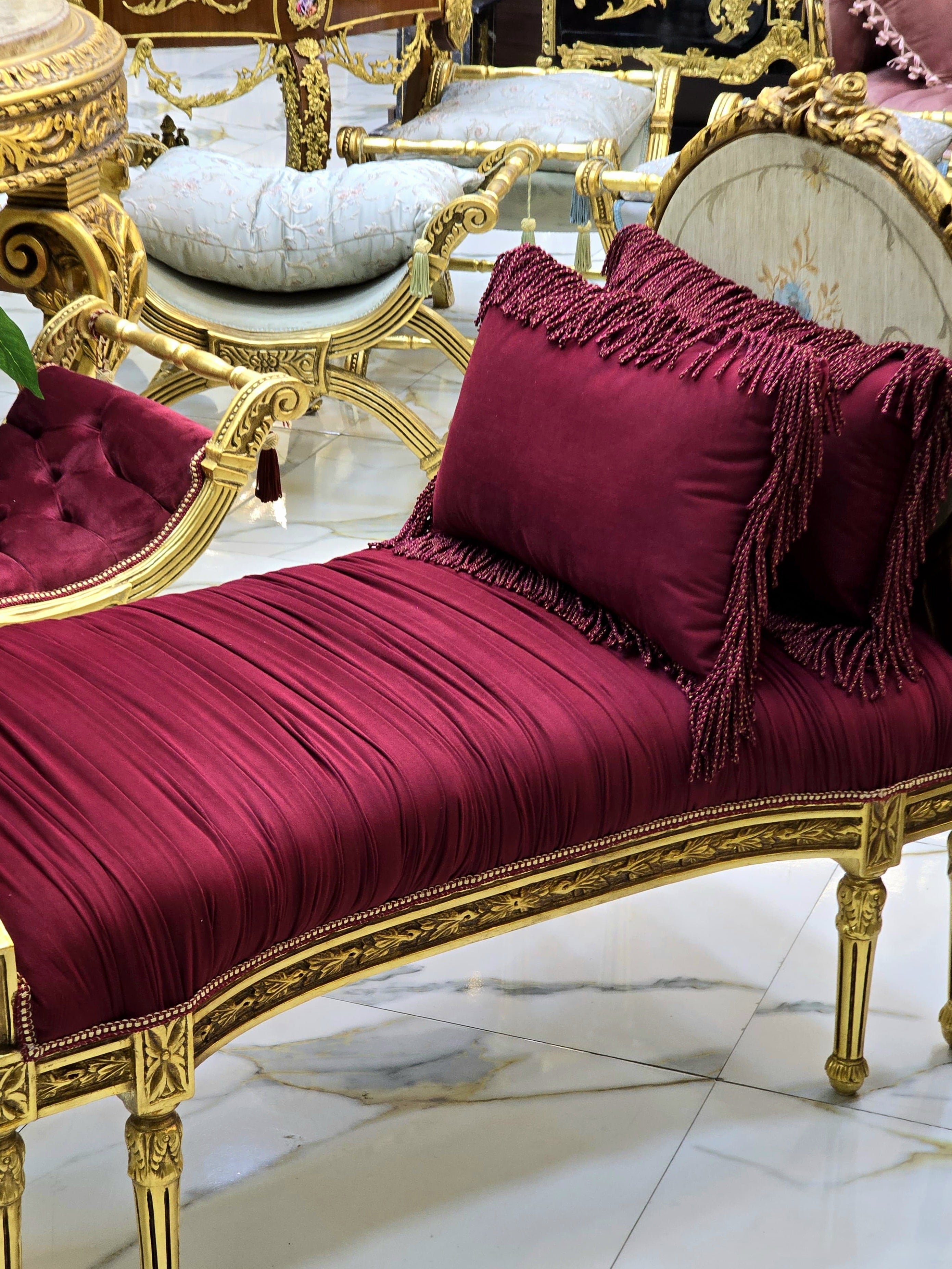 Antique French Marquis Tufted Bench – Velvet Upholstery with Gold Leaf Details