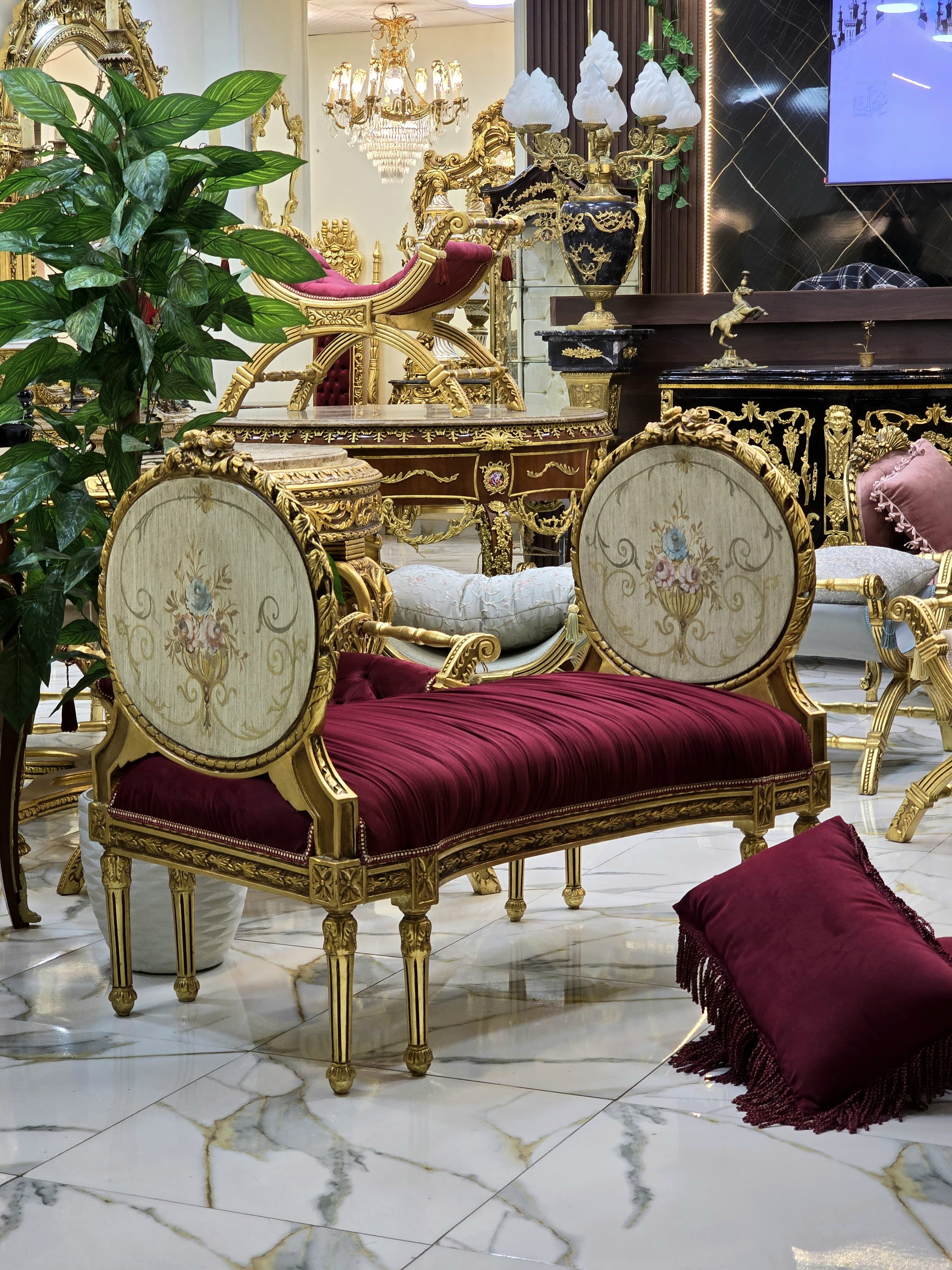 Antique French Marquis Tufted Bench – Velvet Upholstery with Gold Leaf Details