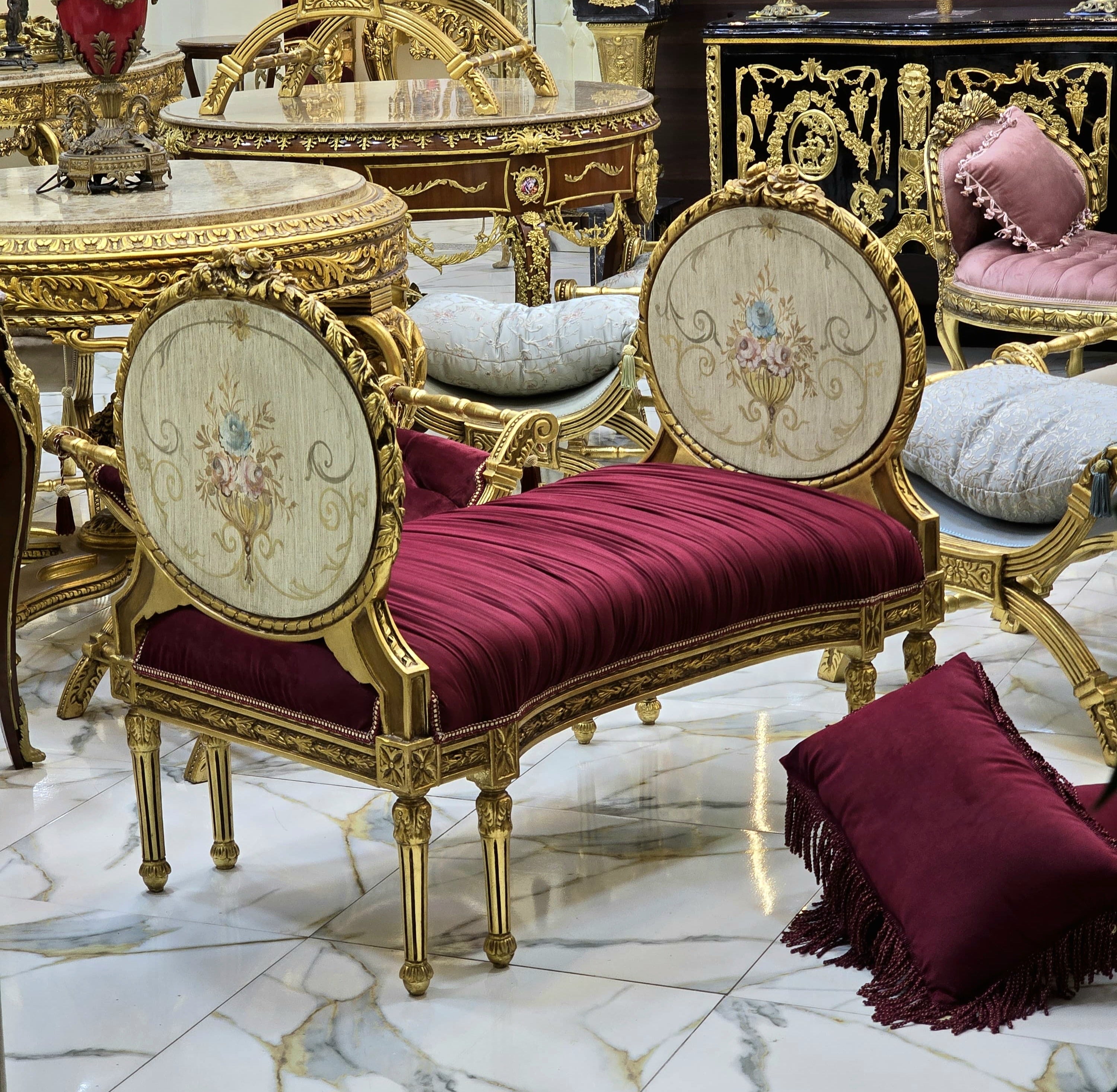 Antique French Marquis Tufted Bench – Velvet Upholstery with Gold Leaf Details