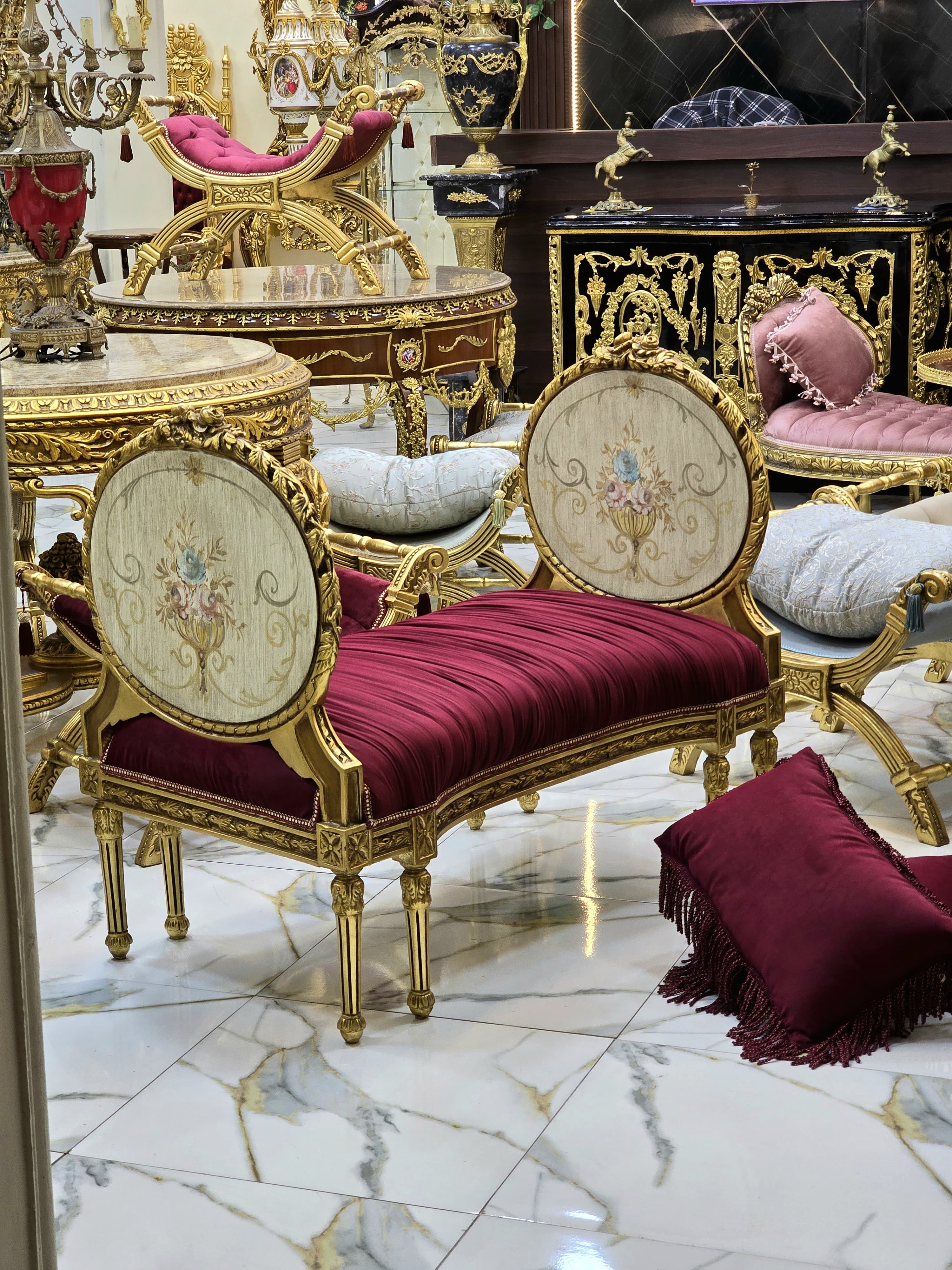 Antique French Marquis Tufted Bench – Velvet Upholstery with Gold Leaf Details