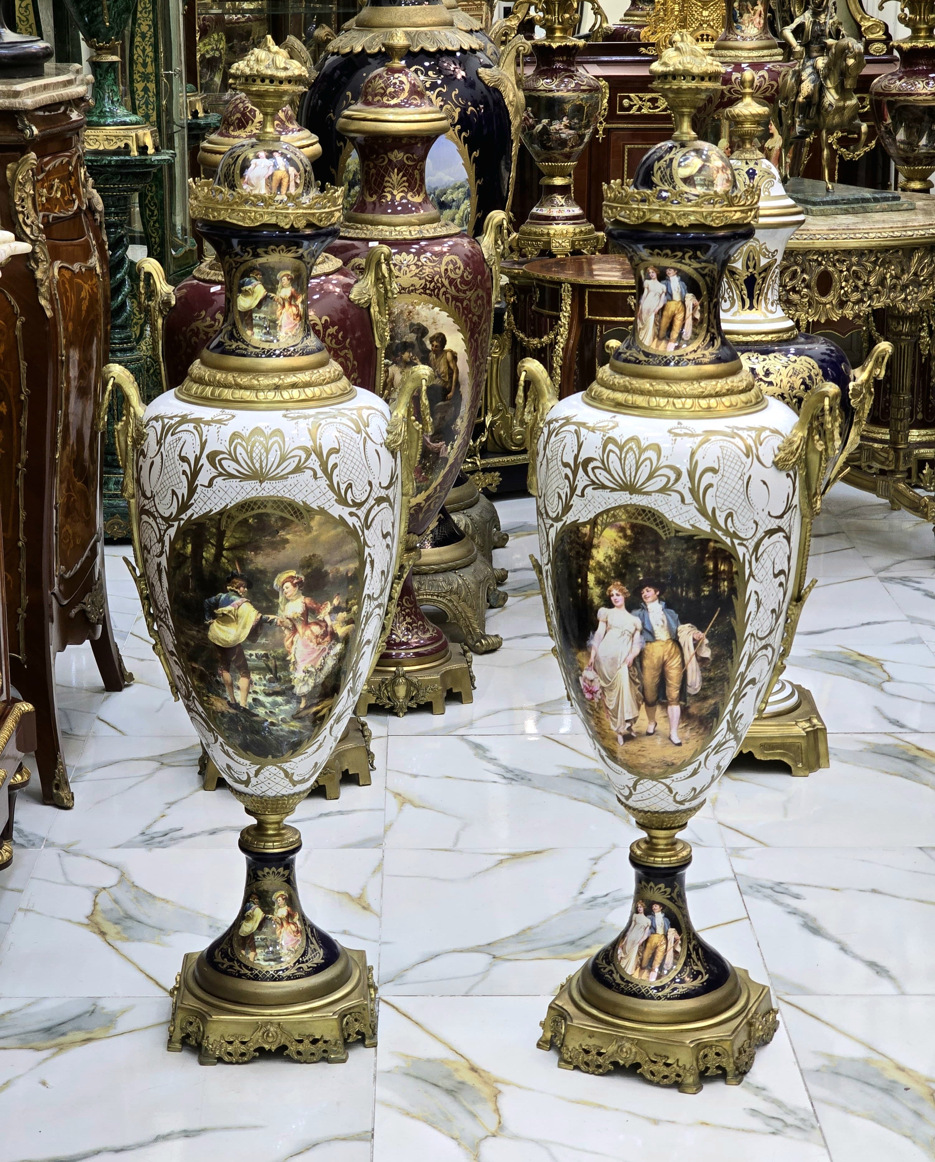 Vintage French Style Porcelain Vases – Romantic Scenes & Gilt Bronze Mounts