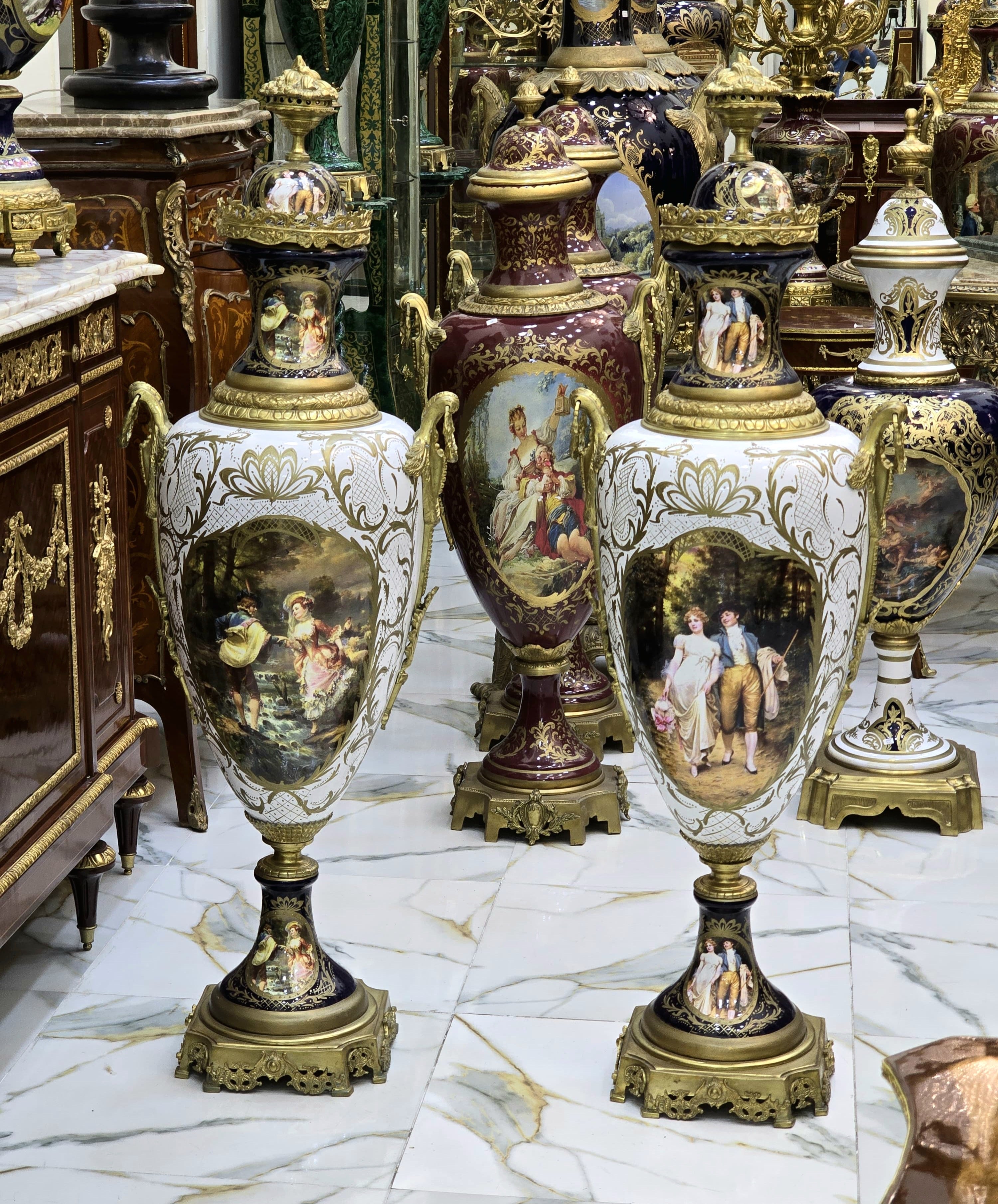 Vintage French Style Porcelain Vases – Romantic Scenes & Gilt Bronze Mounts