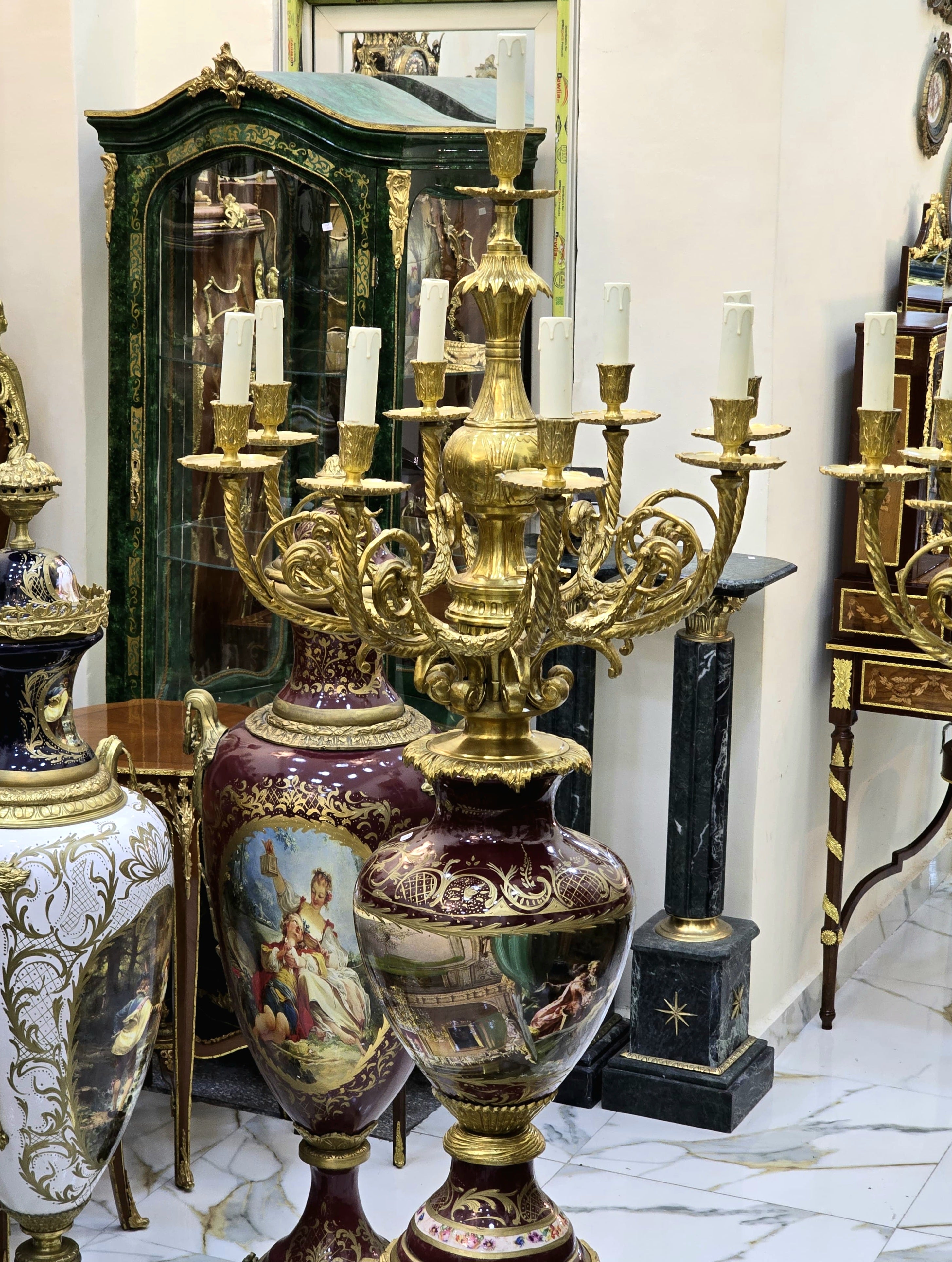 Magnificent Burgundy Louis XVI-Style Porcelain Candelabra with Pedestal & Gilded Bronze Accents