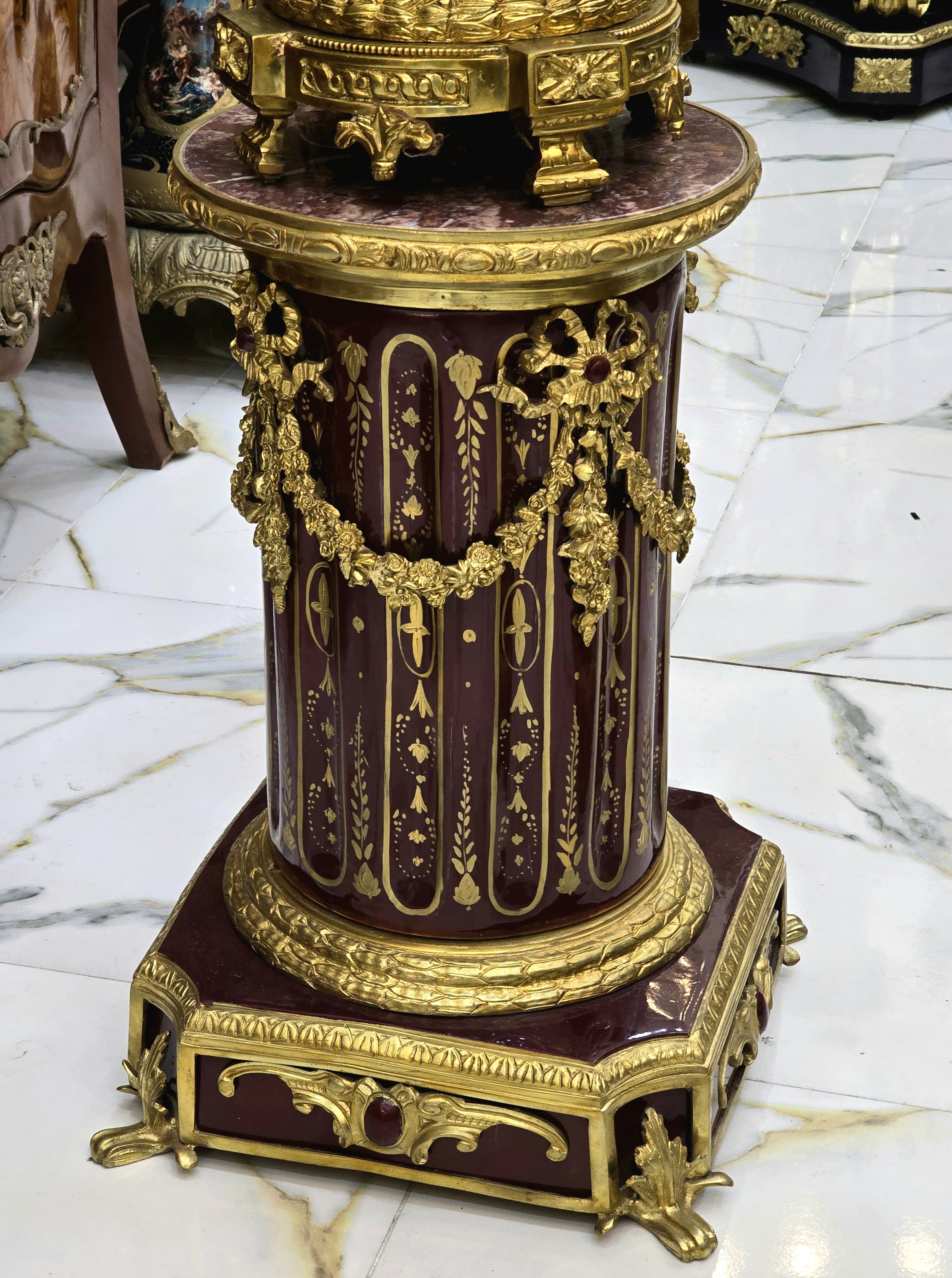Magnificent Burgundy Louis XVI-Style Porcelain Candelabra with Pedestal & Gilded Bronze Accents