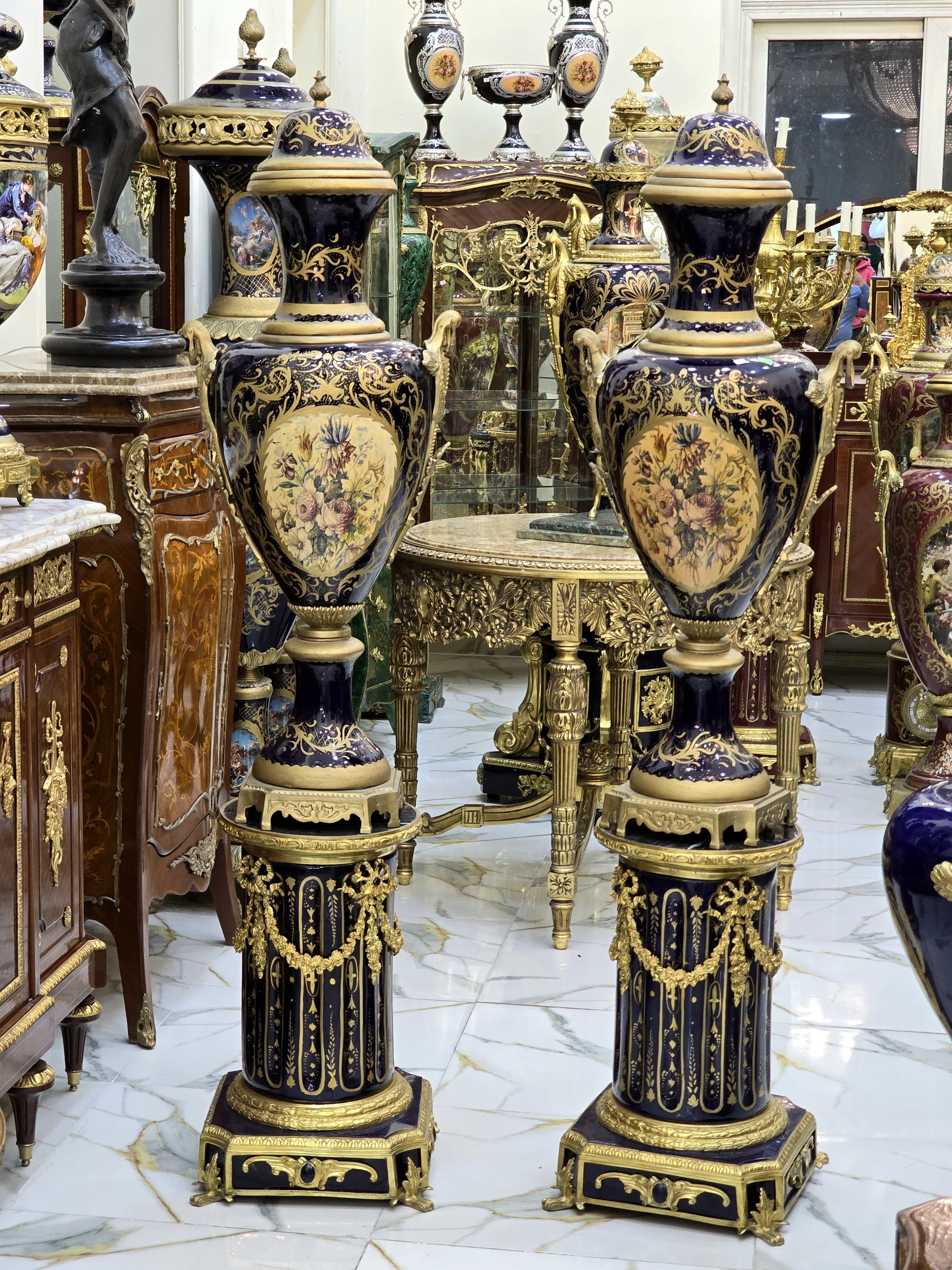 Monumental Black Navy Sevres-Style Porcelain Vase on Pedestal with Rich Gold Leaf Details