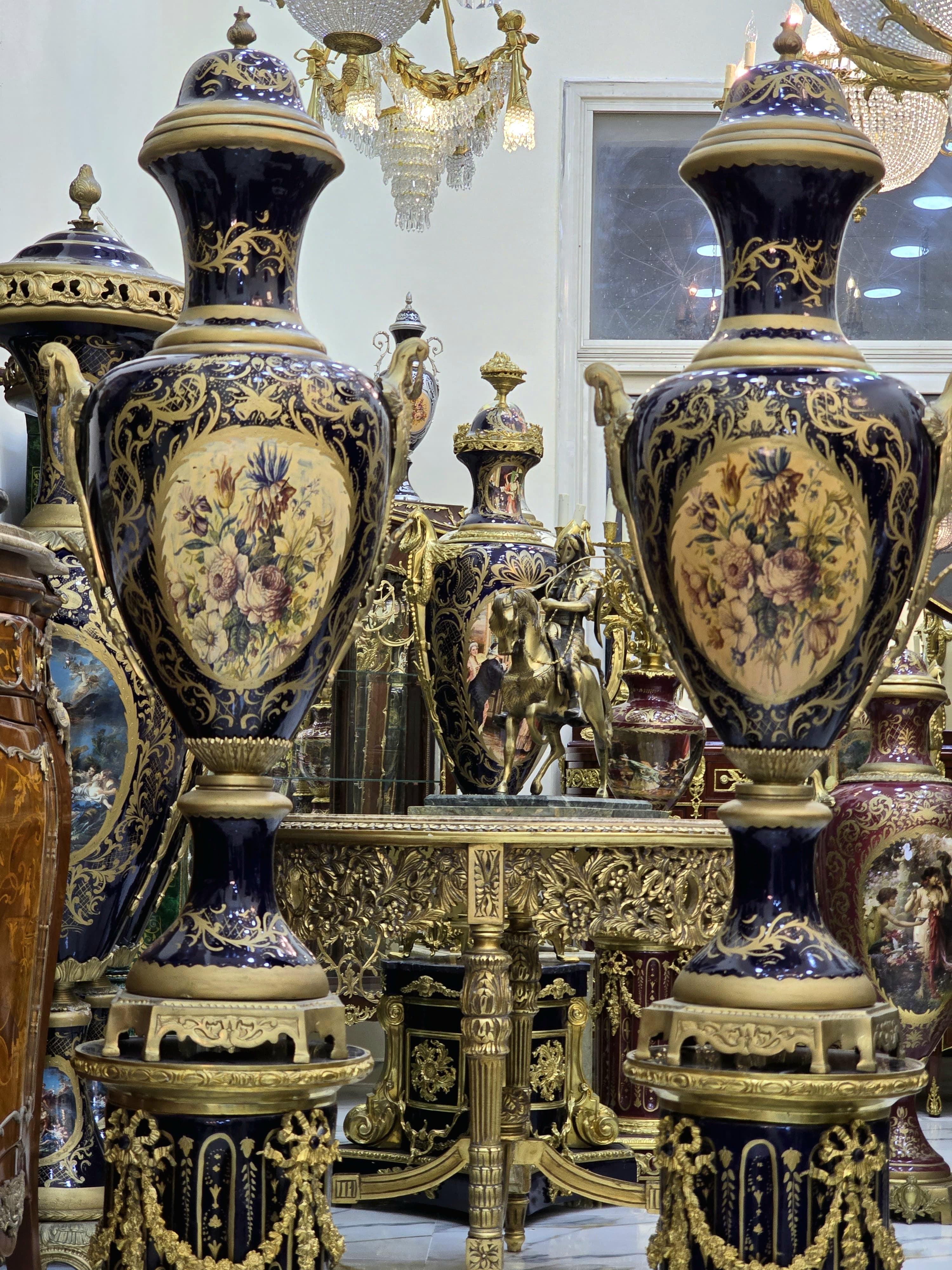 Monumental Black Navy Sevres-Style Porcelain Vase on Pedestal with Rich Gold Leaf Details