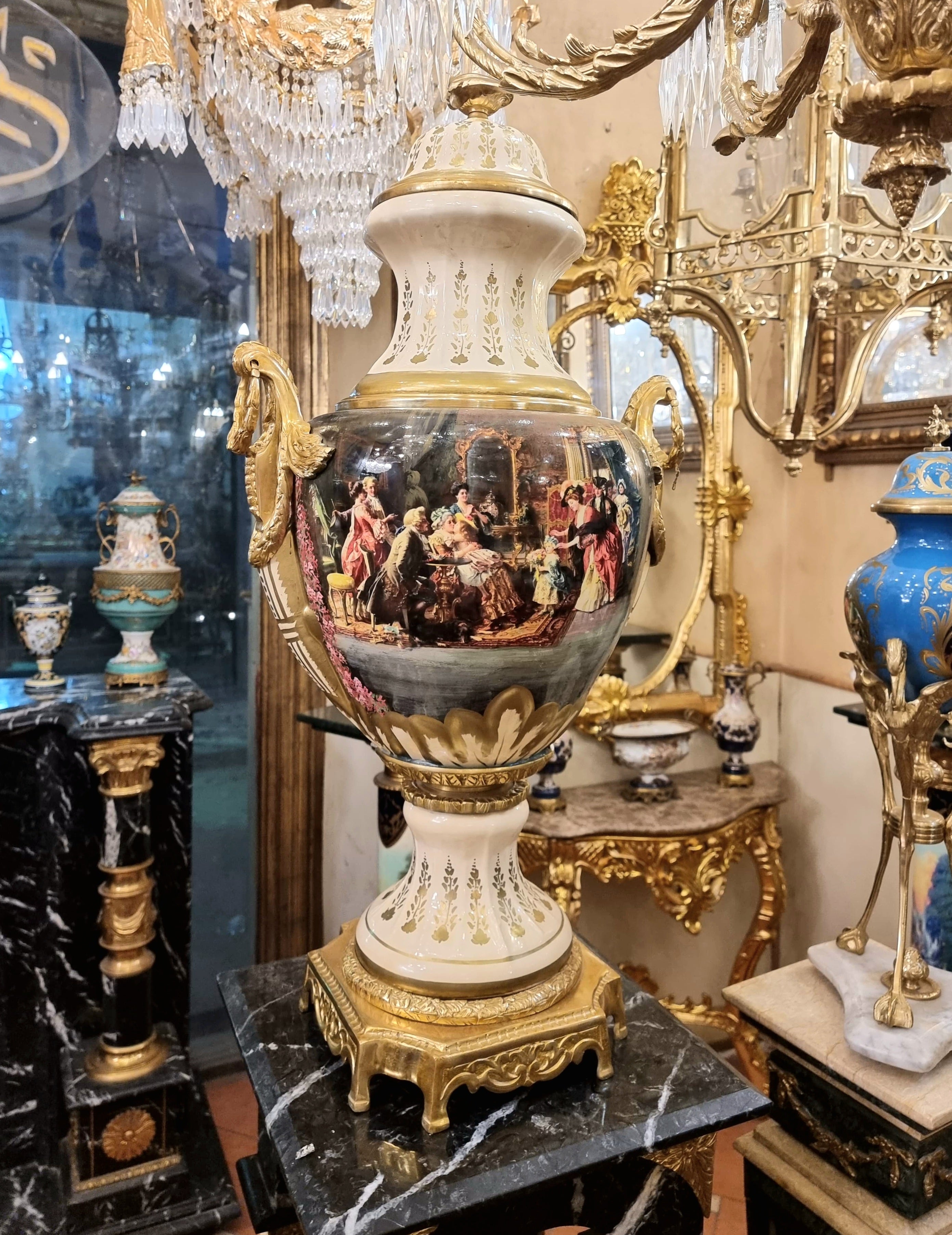 French Porcelain Vase with Romantic Scene & Gold Gilt Bronze Mounts