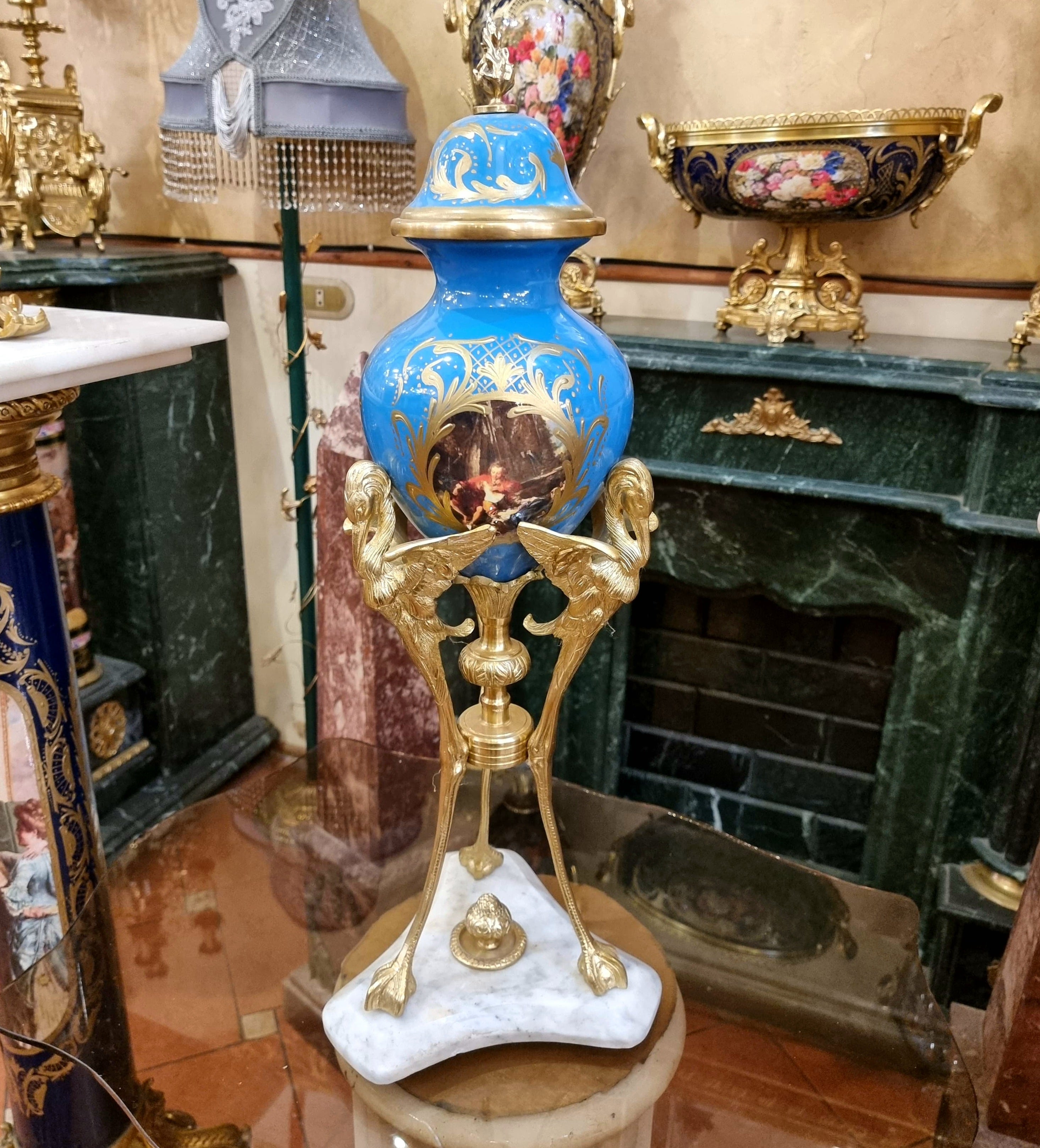 French Blue Porcelain Vase with Gold Leaf Details & Ornate Gilt Bronze Figural Mounts