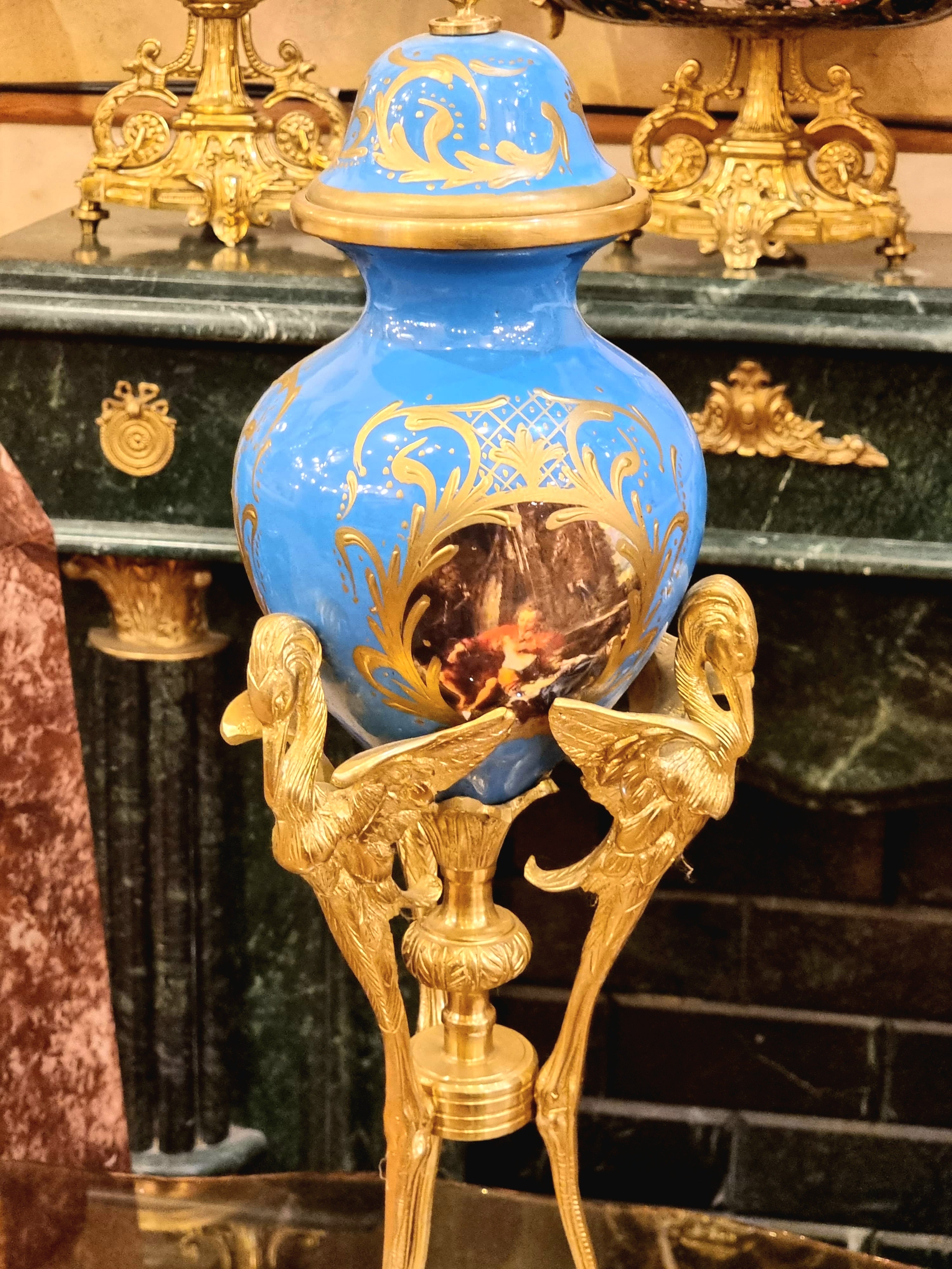French Blue Porcelain Vase with Gold Leaf Details & Ornate Gilt Bronze Figural Mounts