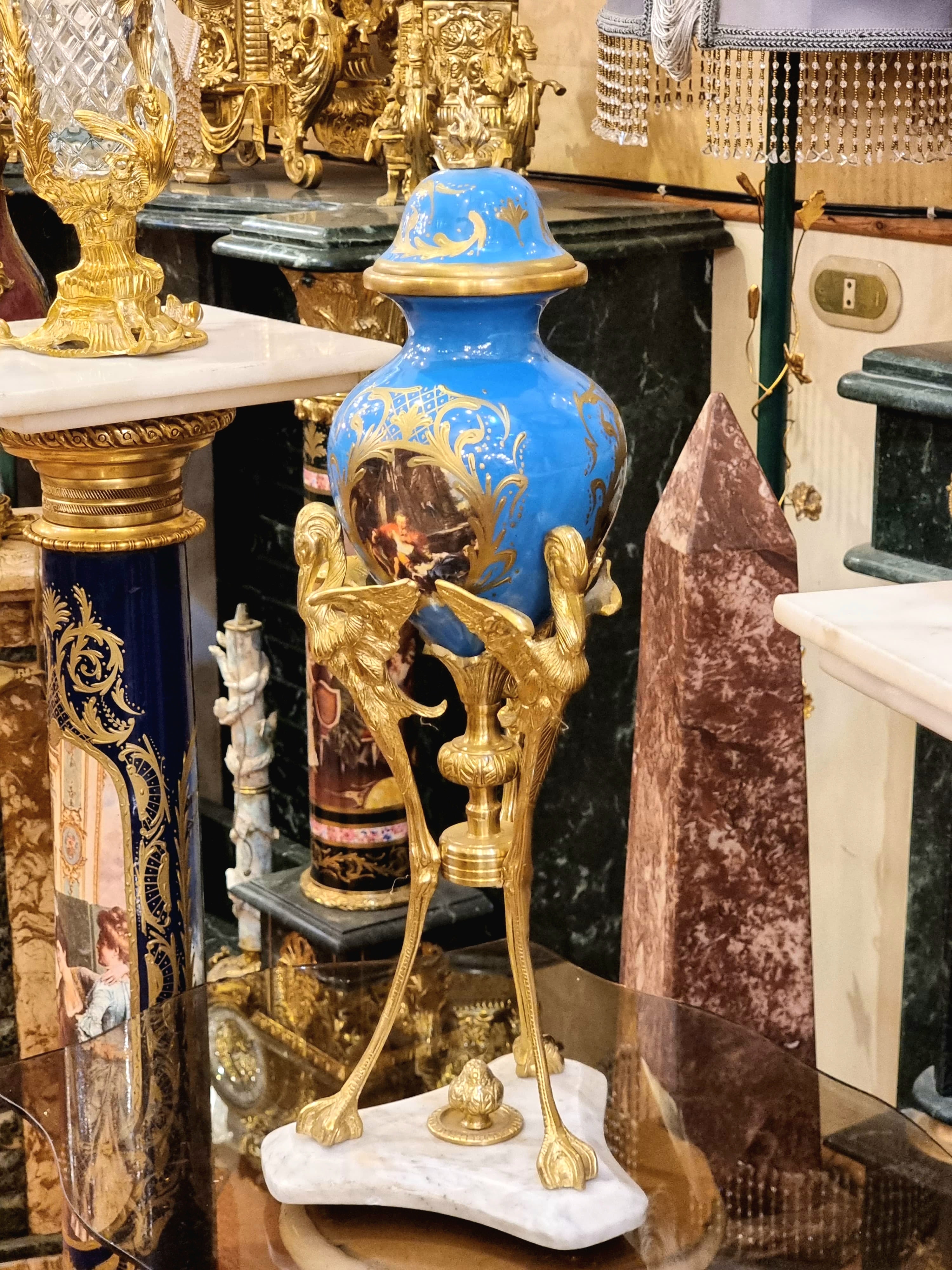 French Blue Porcelain Vase with Gold Leaf Details & Ornate Gilt Bronze Figural Mounts