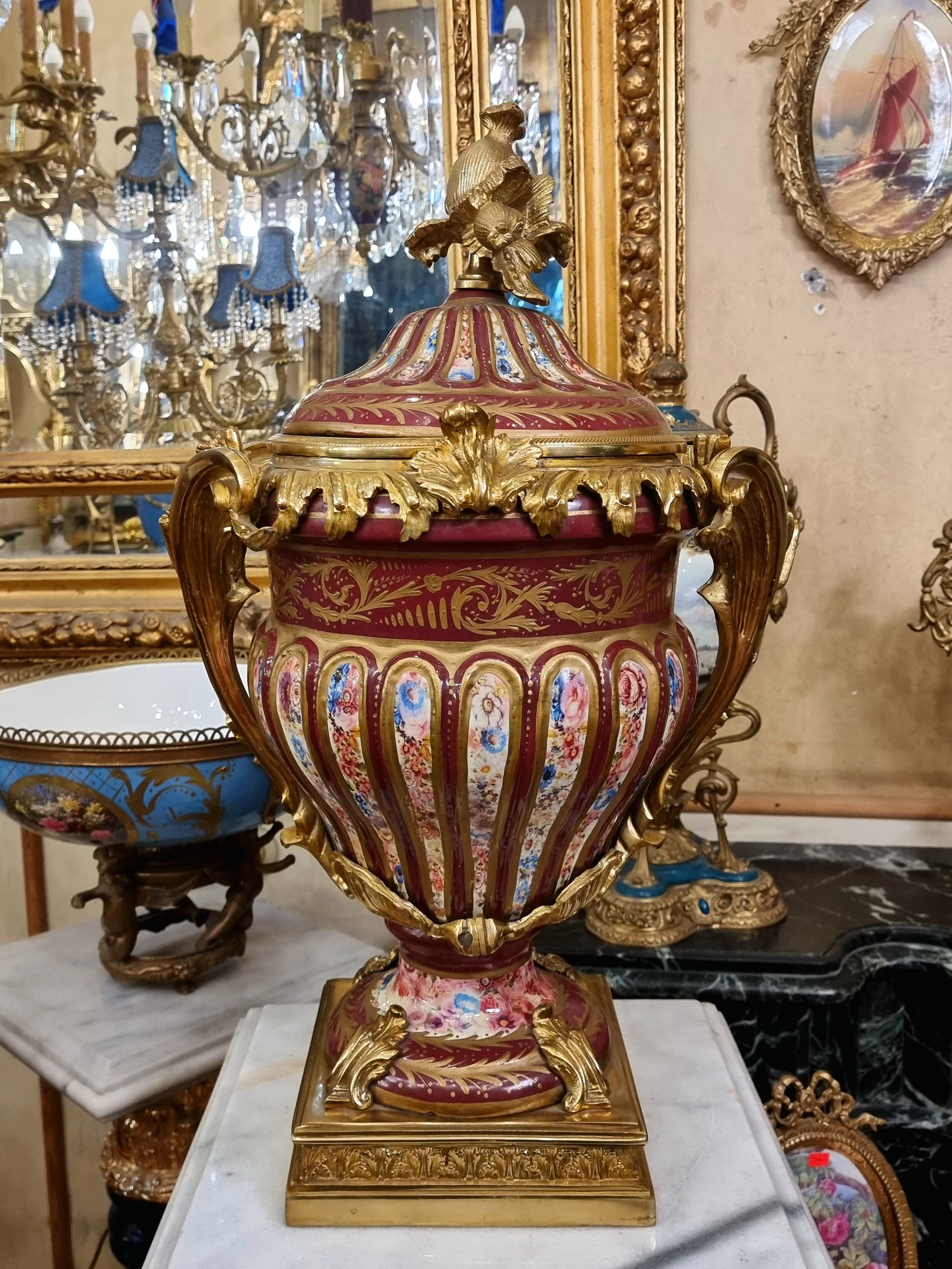 Burgundy French Style Porcelain Covered Vase with Gold Leaf Details & Gilt Bronze Mounts