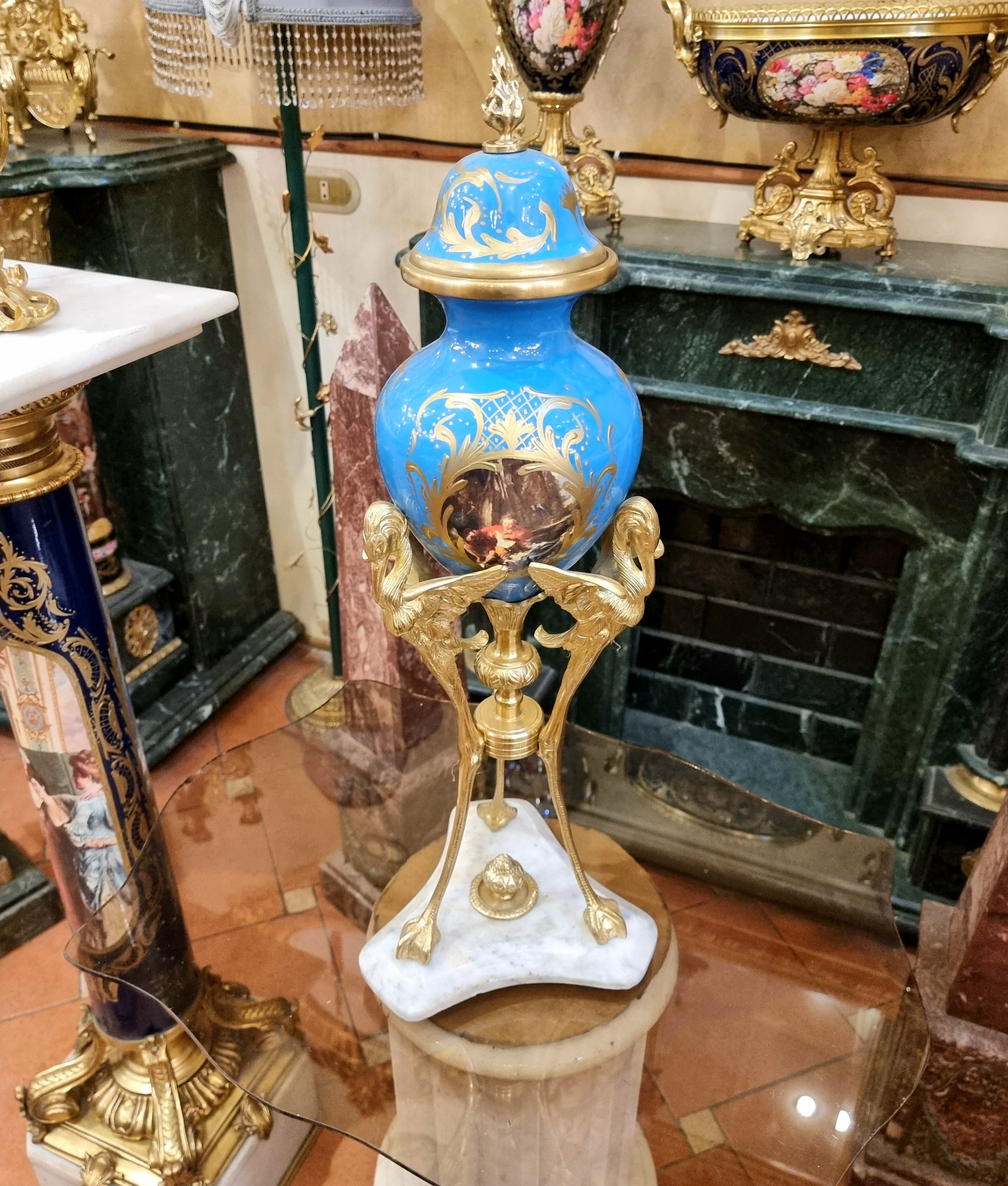 French Blue Porcelain Vase with Gold Leaf Details & Ornate Gilt Bronze Figural Mounts