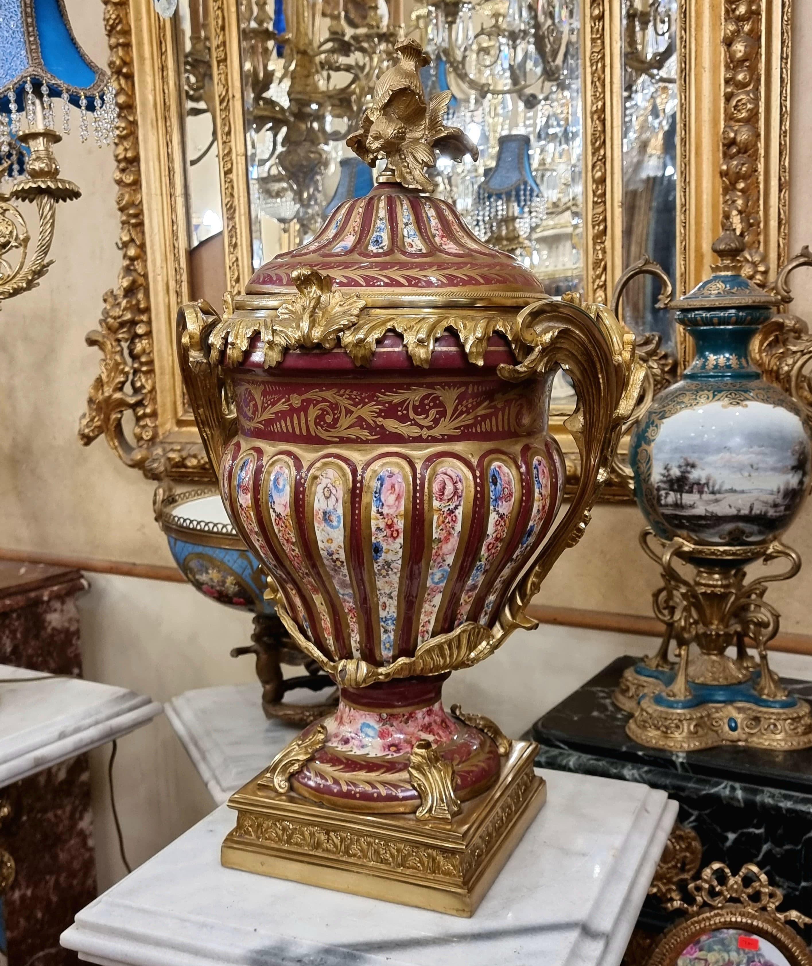 Burgundy French Style Porcelain Covered Vase with Gold Leaf Details & Gilt Bronze Mounts