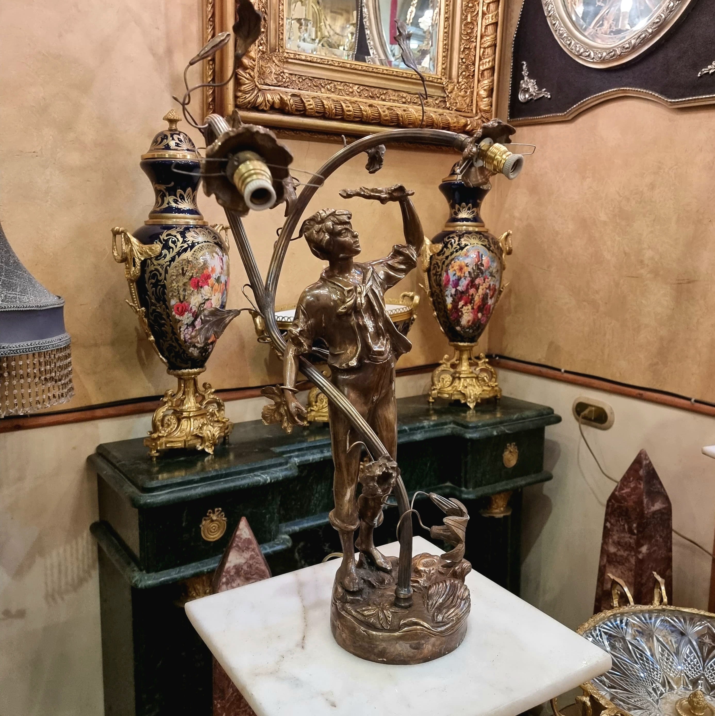Art Nouveau Cherub Table Lamp with Floral Glass Shades & Bronze Finish