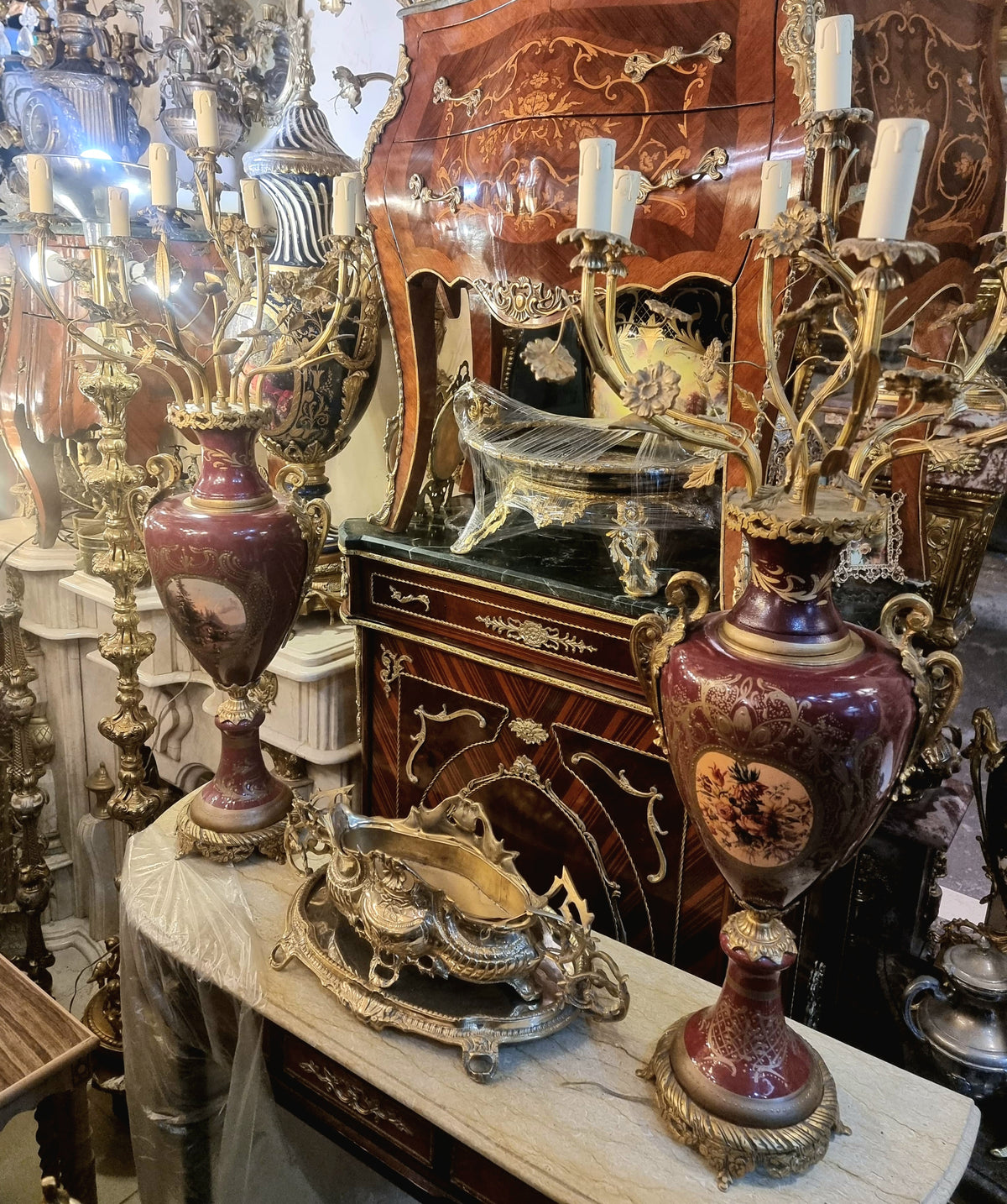 Burgundy Royal Flame – French-Inspired Porcelain Vase with Ornate Gilded Candelabra Top & Gold Leaf Details