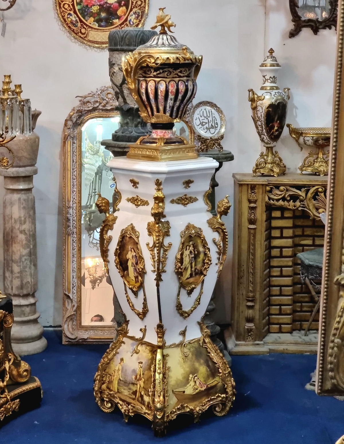 The Gilded Pavilion – French-Inspired Porcelain Vase with Monumental White Pedestal, Romantic Scenes & Ornate Gold Leaf Details