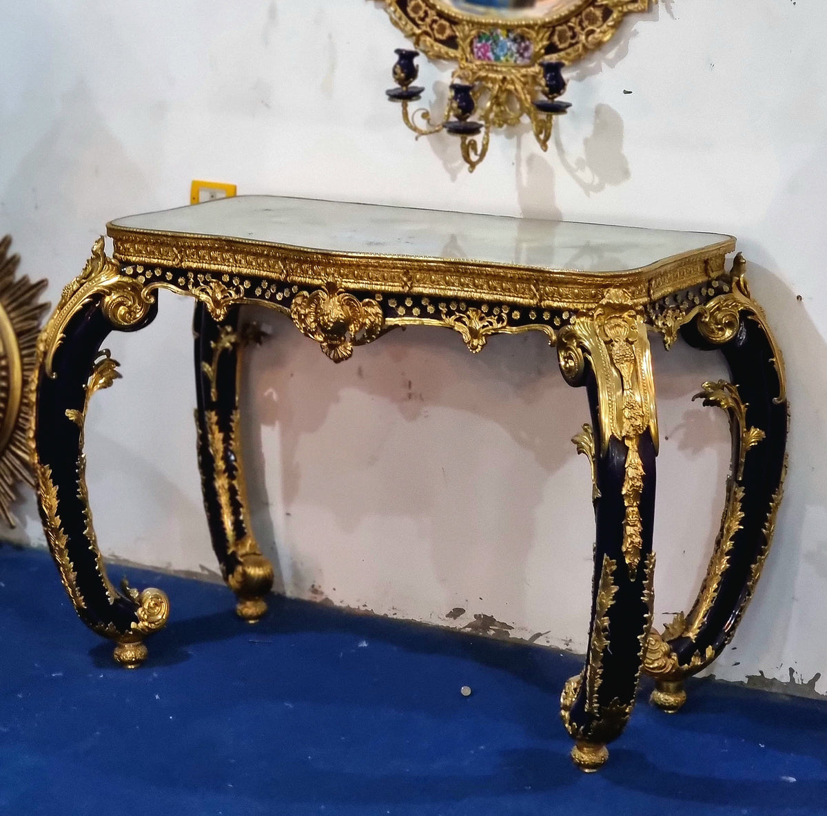 The Gilded Enigma – One-of-a-Kind French-Inspired Console Table with Illustrated Glass Top & Sculptural Gilt Bronze Details