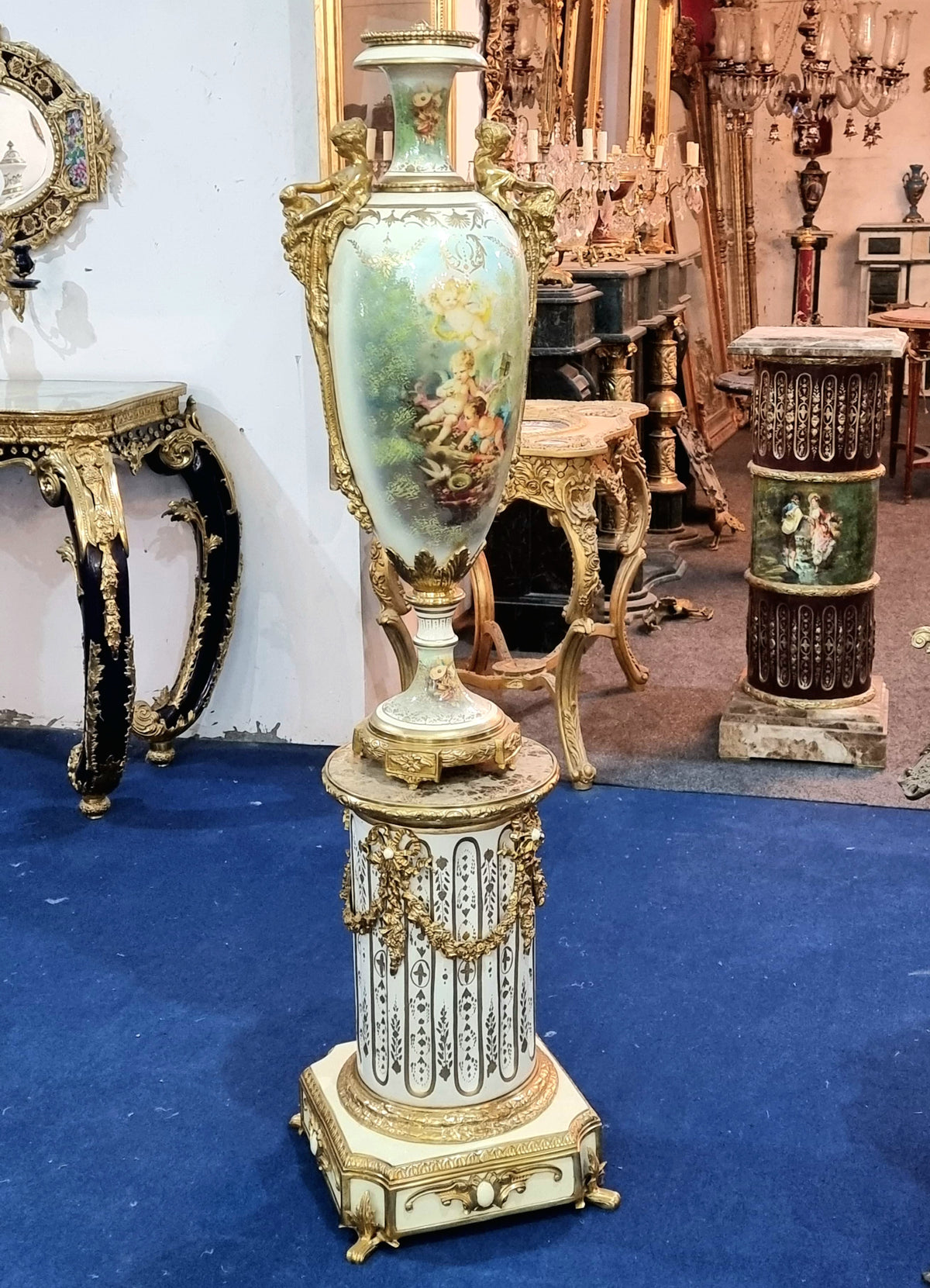 The Ivory Reverie – French-Inspired Porcelain Vase with Decorative Pedestal, Romantic Portrait & Ornate Gold Leaf Accents