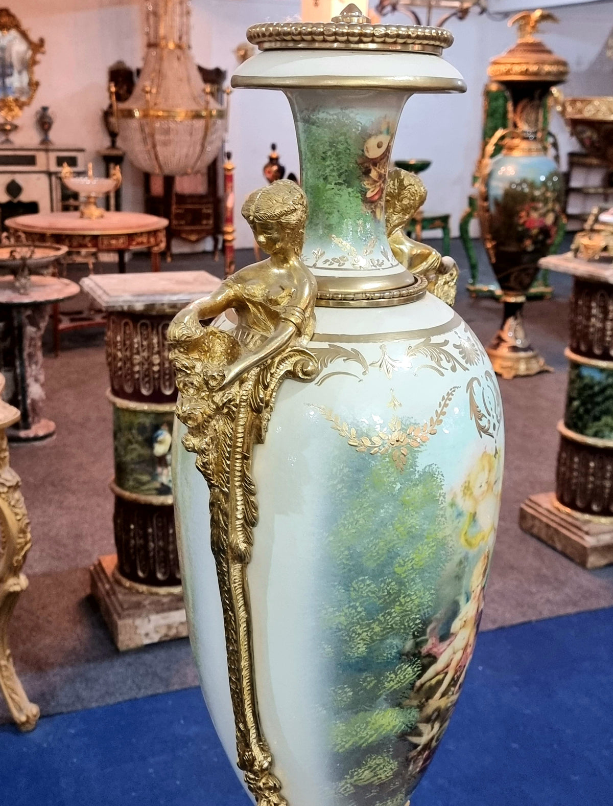 The Celestial Garden – French-Inspired White Porcelain Vase with Romantic Cherub Artwork & Ornate Gold Leaf Details