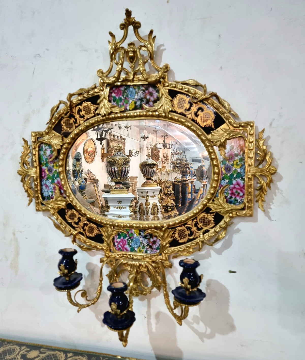 The Gilded Floral Radiance – French Rococo Wall Mirror with Porcelain Floral Panels & Three Candle Lights