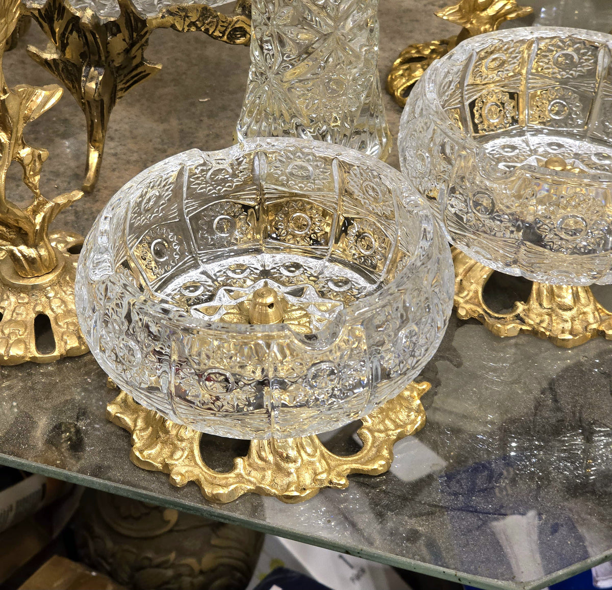 The Gilded Pair – French-Inspired Crystal Decorative Bowls with Ornate Gold Pedestal Bases (Set of 2)