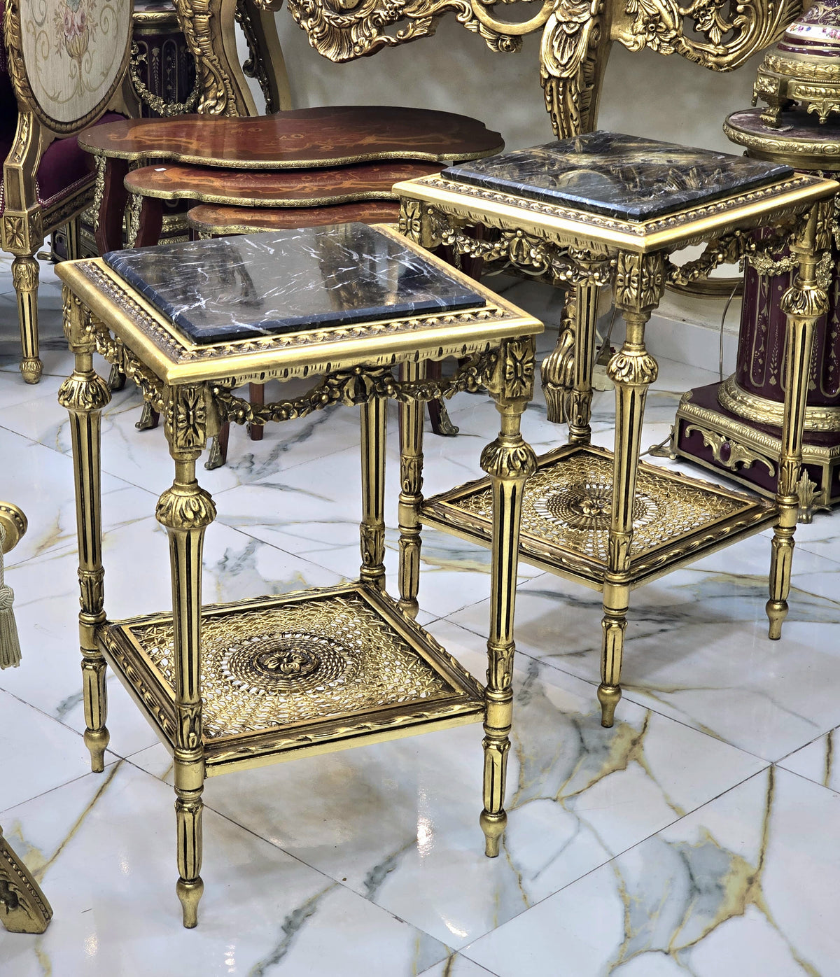 The Gilded Elegance – French Louis XVI Style Side Table with Black Marble Top & Ornate Gold Leaf Details