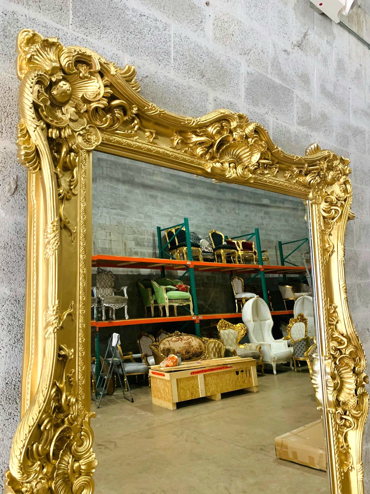Vintage French Style Baroque Wall Mirror – 7.5 ft Tall Statement Mirror in Antique Gold Leaf