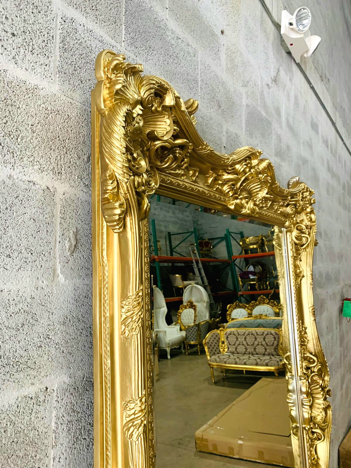 Vintage French Style Baroque Wall Mirror – 7.5 ft Tall Statement Mirror in Antique Gold Leaf