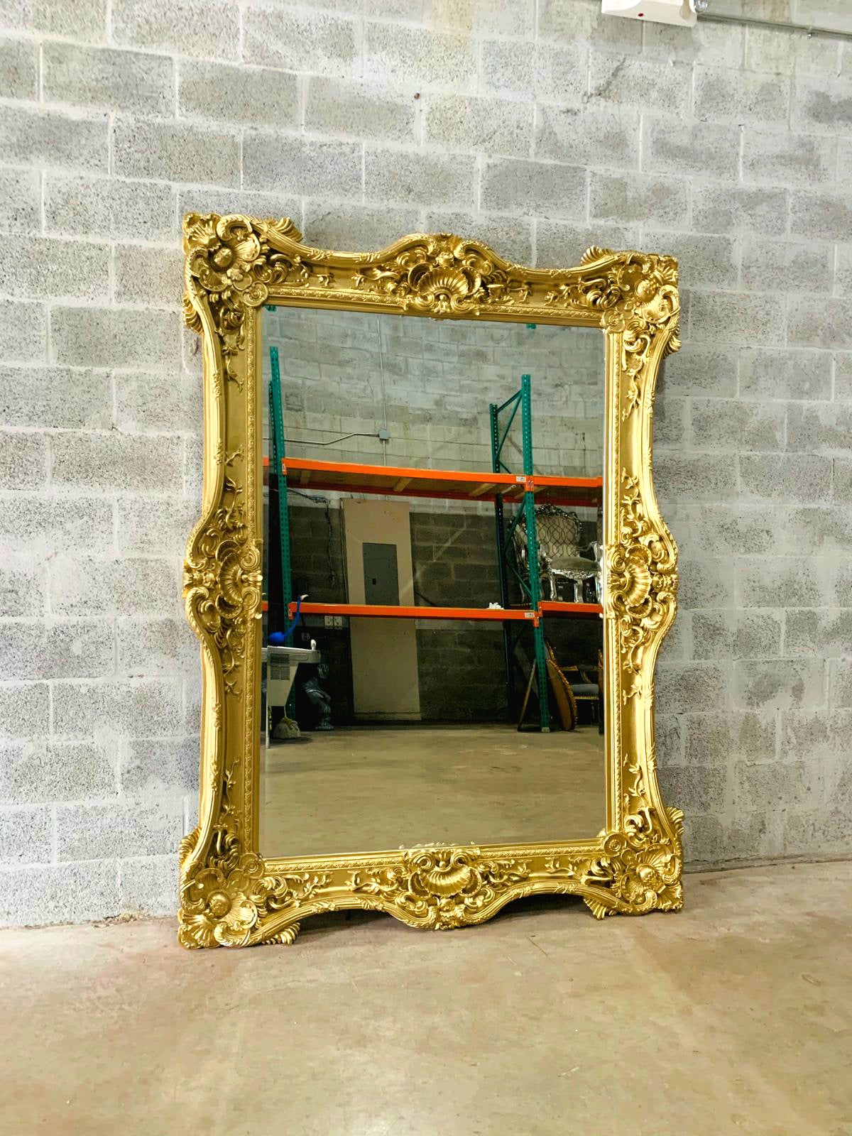 Vintage French Style Baroque Wall Mirror – 7.5 ft Tall Statement Mirror in Antique Gold Leaf