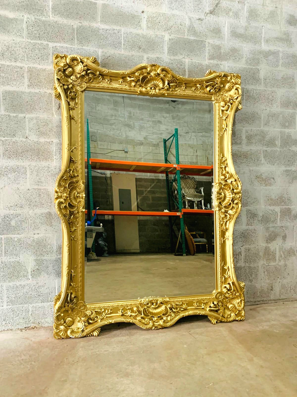 Vintage French Style Baroque Wall Mirror – 7.5 ft Tall Statement Mirror in Antique Gold Leaf