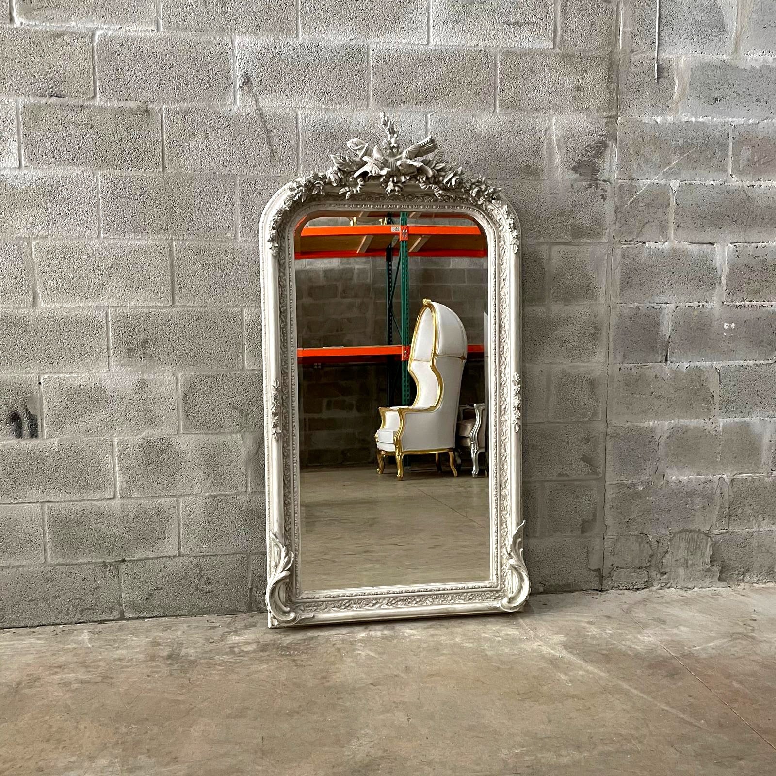 French Style Floor Mirror – 5 ft Tall Statement Mirror in Light Bone Gray Finish