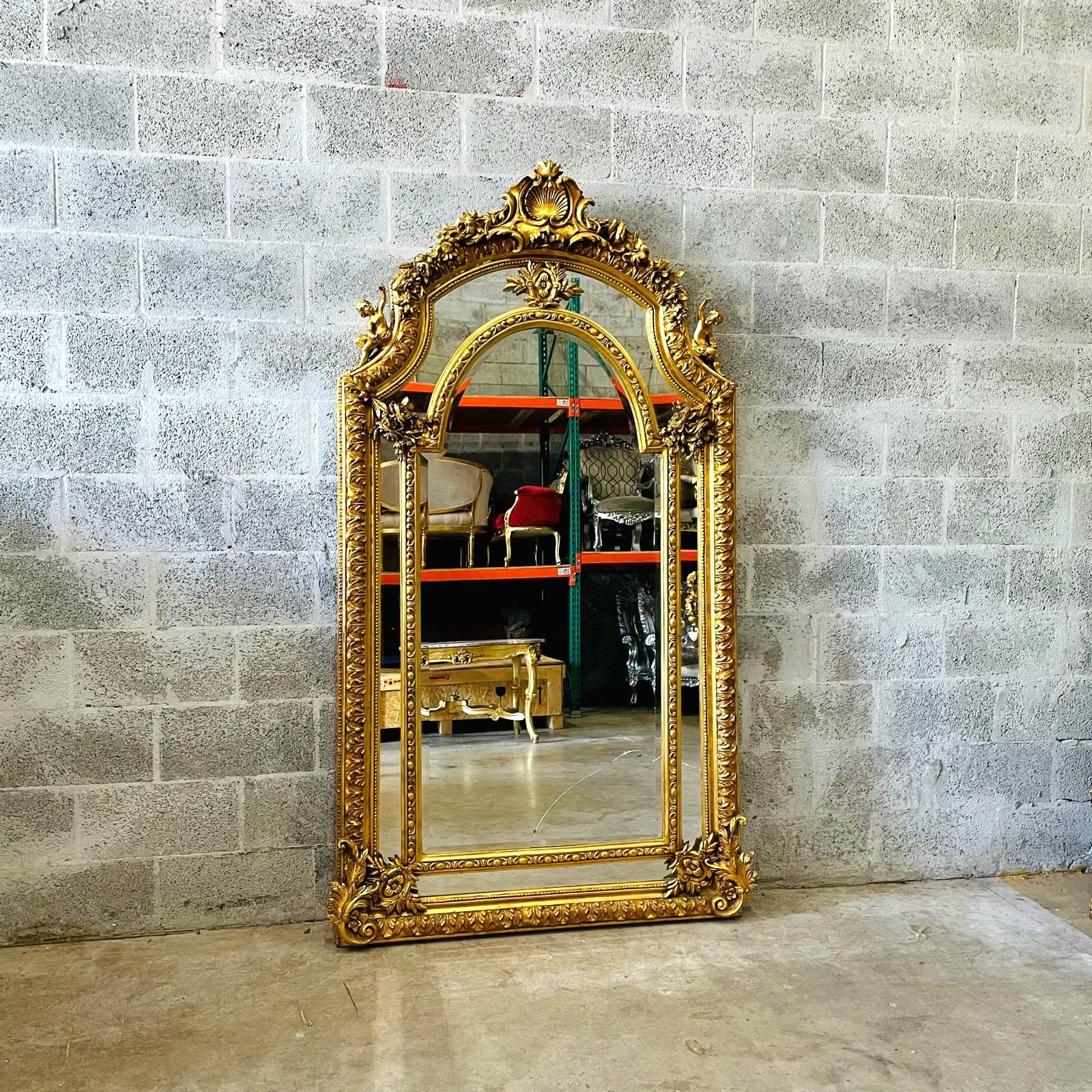 Baroque Rococo Floor Mirror – Gold Leaf Finish with Angel Carvings, 6.6 ft Tall Statement Mirror
