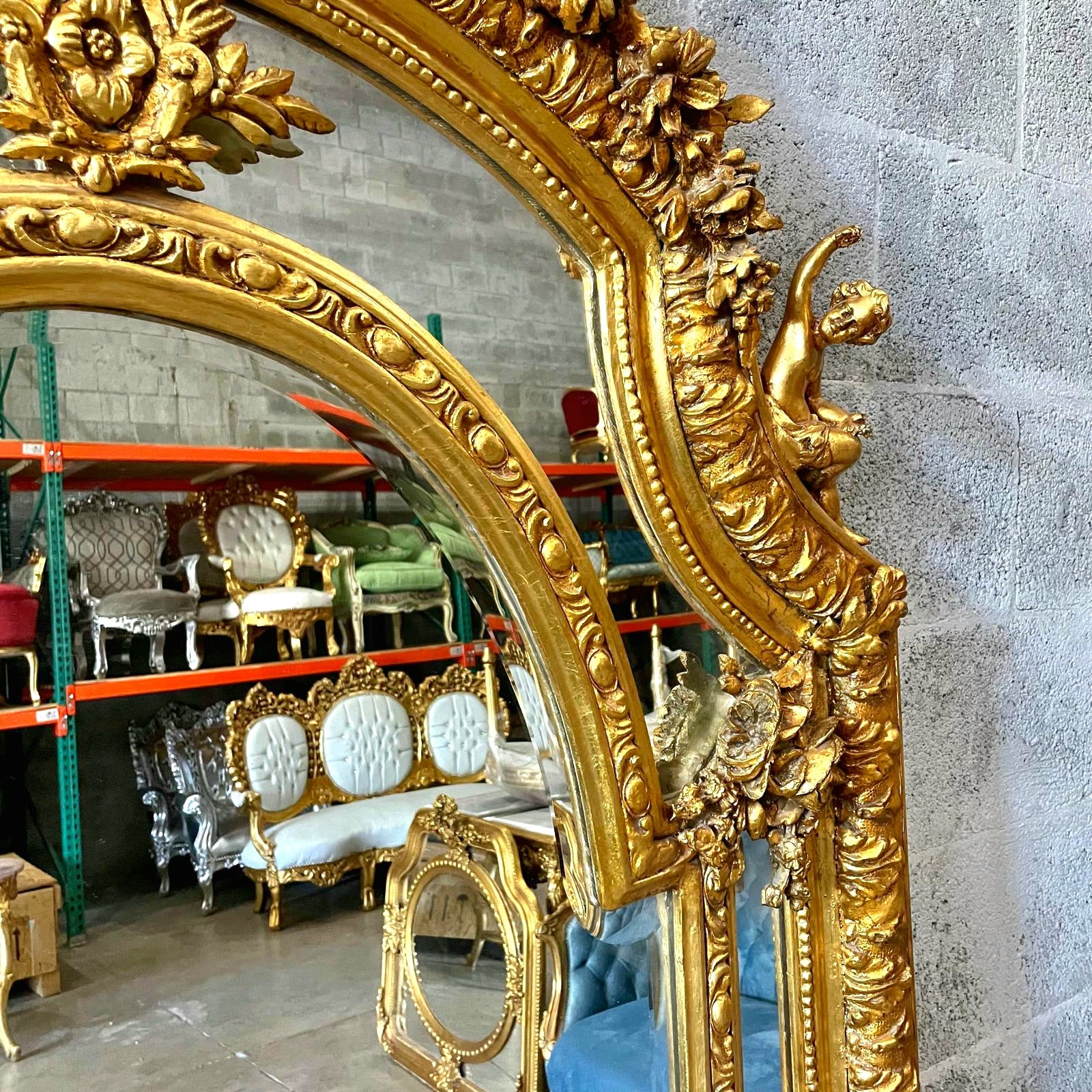 Baroque Rococo Floor Mirror – Gold Leaf Finish with Angel Carvings, 6.6 ft Tall Statement Mirror