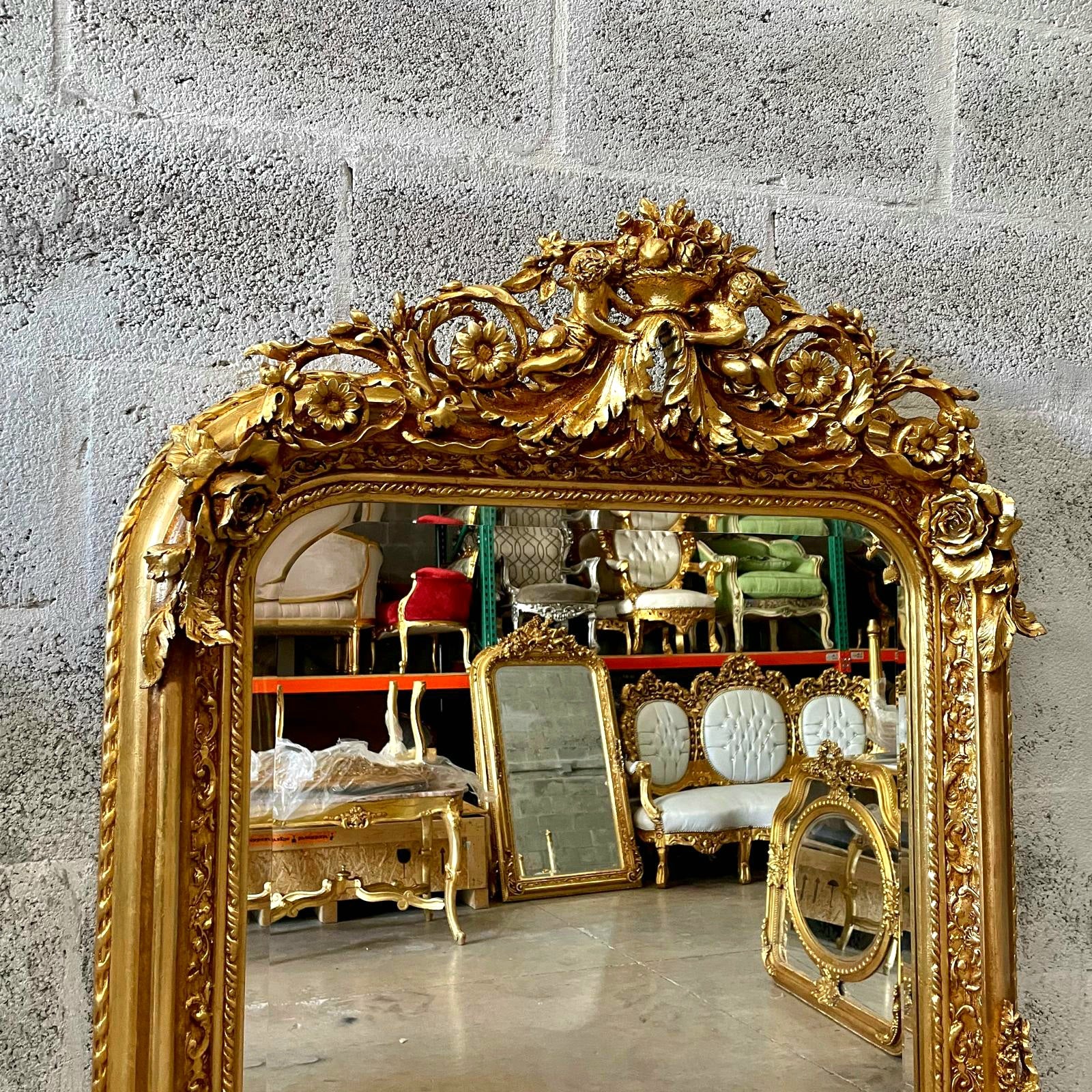 French Style Gold Floral Floor Mirror – 5 ft Tall Statement Mirror with Gold Leaf and Angel Details