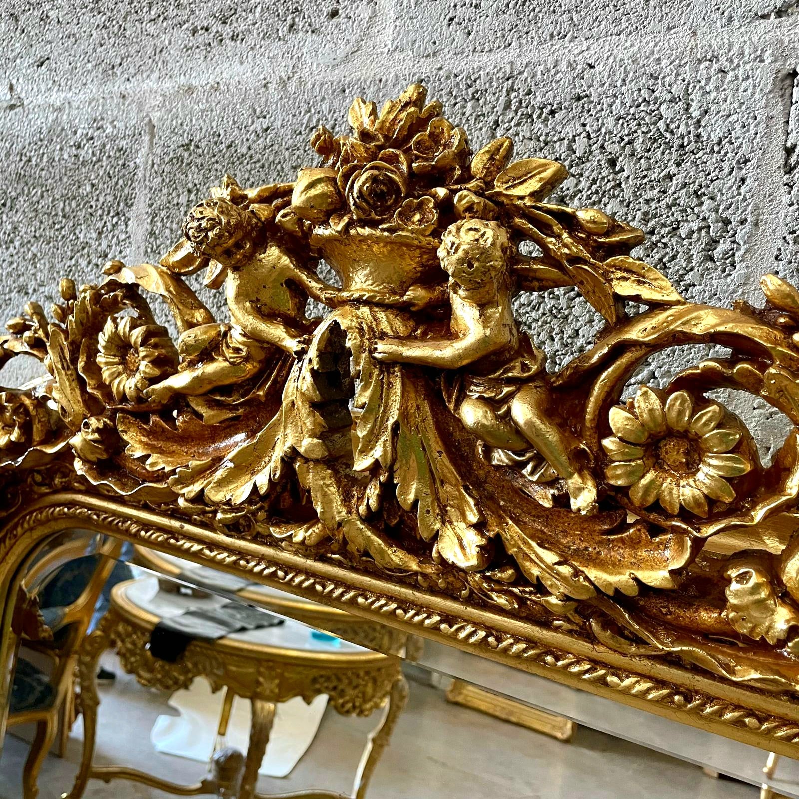 French Style Gold Floral Floor Mirror – 5 ft Tall Statement Mirror with Gold Leaf and Angel Details