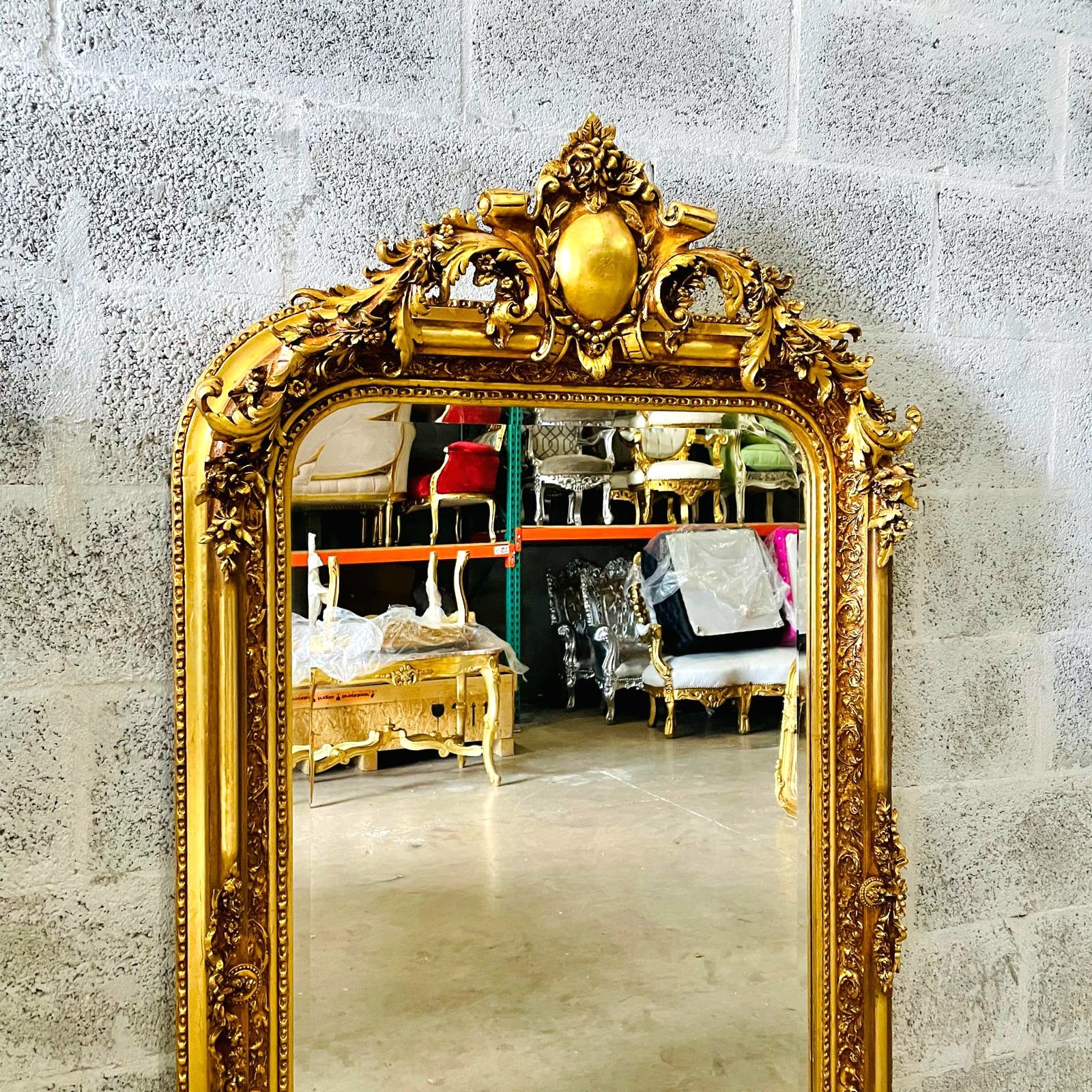 French Style Gold Floor Mirror – 5 ft Tall Statement Mirror with Ornate Gold Leaf Frame