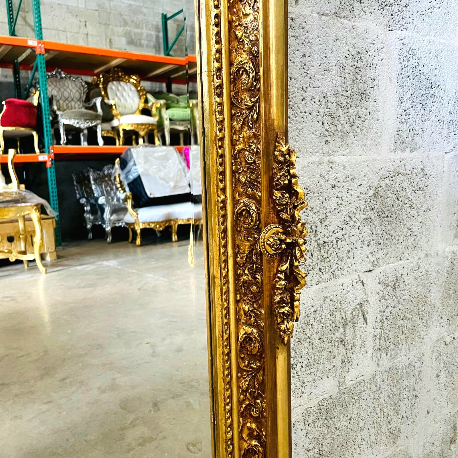 French Style Gold Floor Mirror – 5 ft Tall Statement Mirror with Ornate Gold Leaf Frame